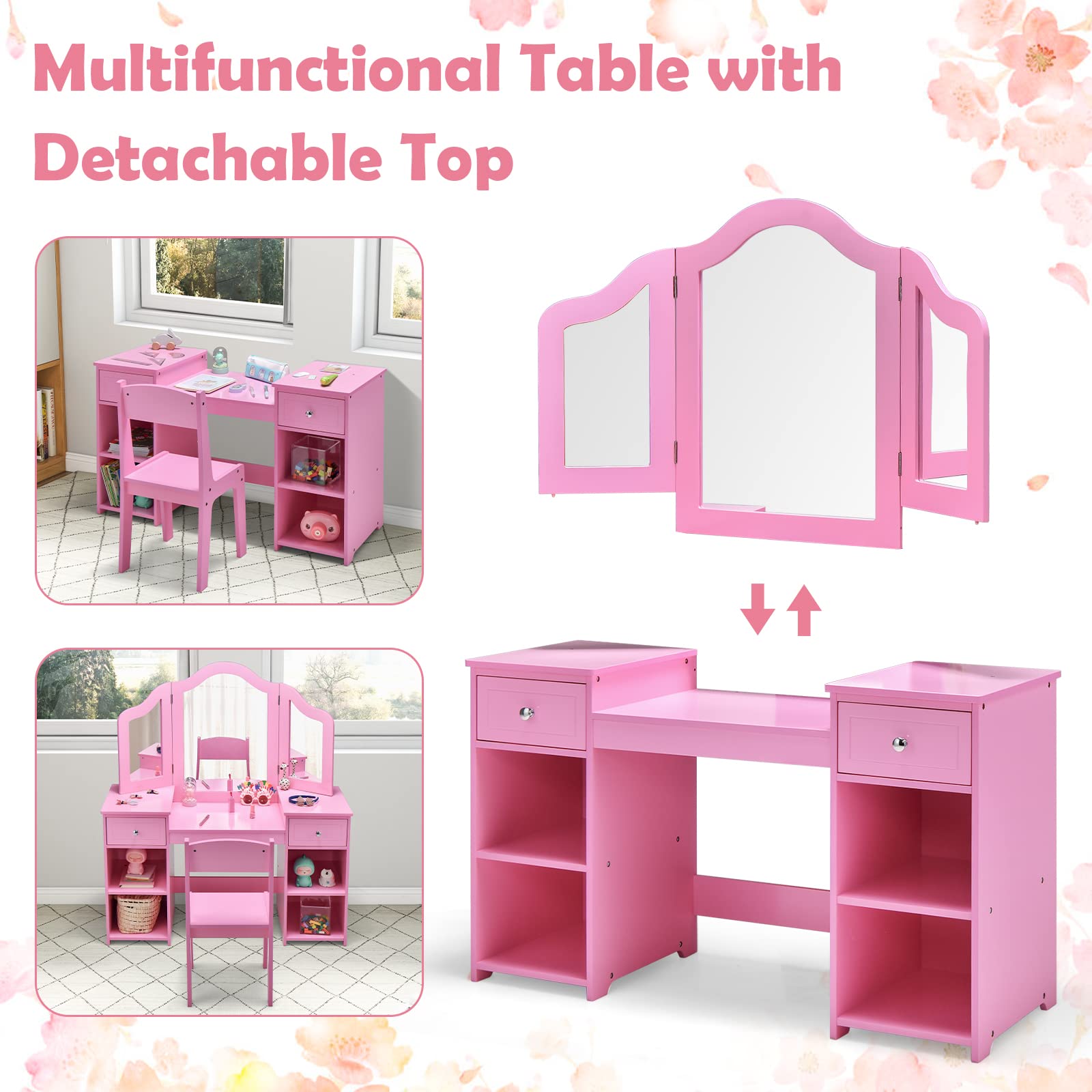 OLAKIDS Kids Vanity, 2 in 1 Princess Makeup Desk and Chair Set