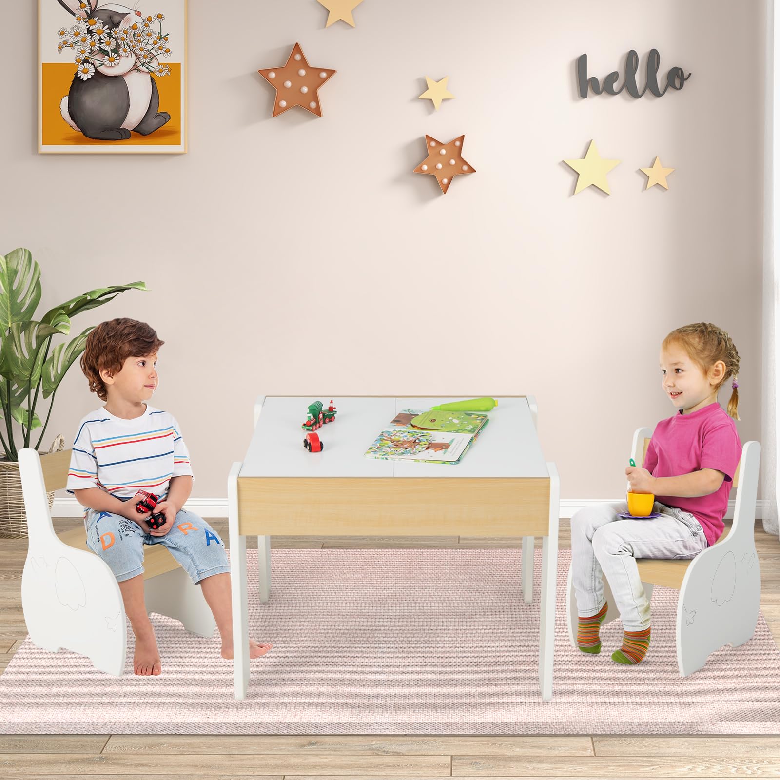 OLAKIDS 3 in 1 Kids Table and Chair Set, Wood Multi Activity Table with Removable Tabletop, Detachable Blackboard