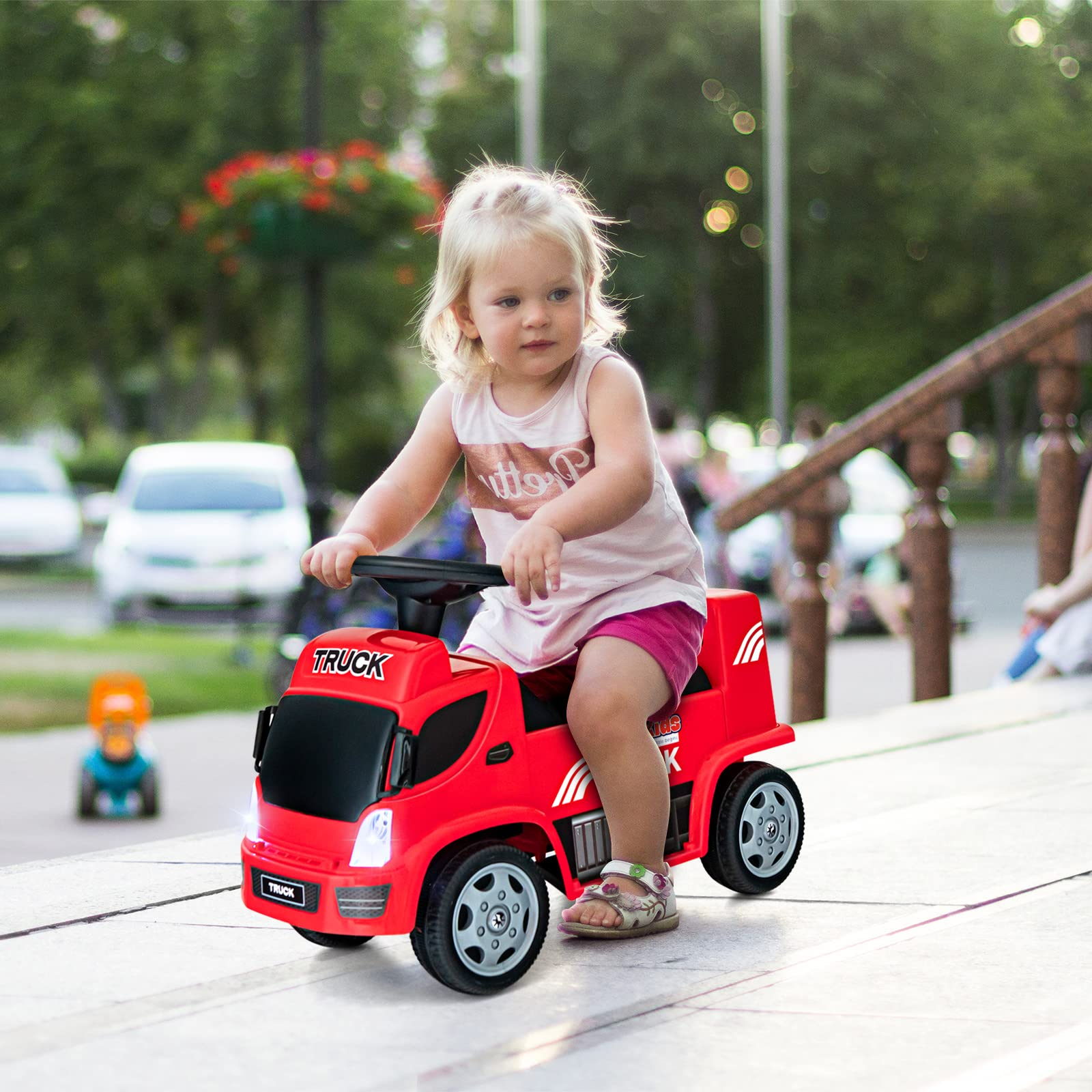 OLAKIDS Kids Ride On Push Car, 2 in 1 Foot-to-Floor Sliding Truck with Detachable Trailer, Steering Wheel, Headlights, Music, Alarm Sound, Toy Walker Gift for Toddlers Age 1.5-3 Boys Girls OLAKIDS