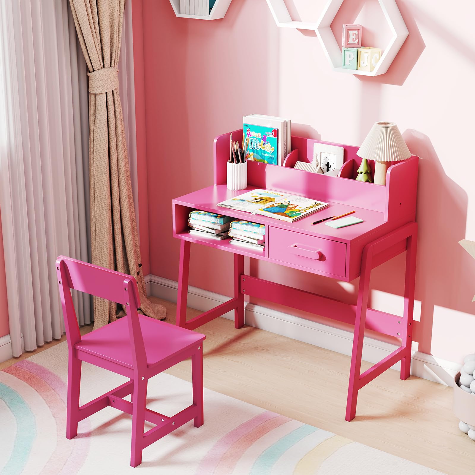 OLAKIDS Table and Chair Set, Toddler Wooden Student Study Desk with Chair Storage Hutch Compartments Drawers