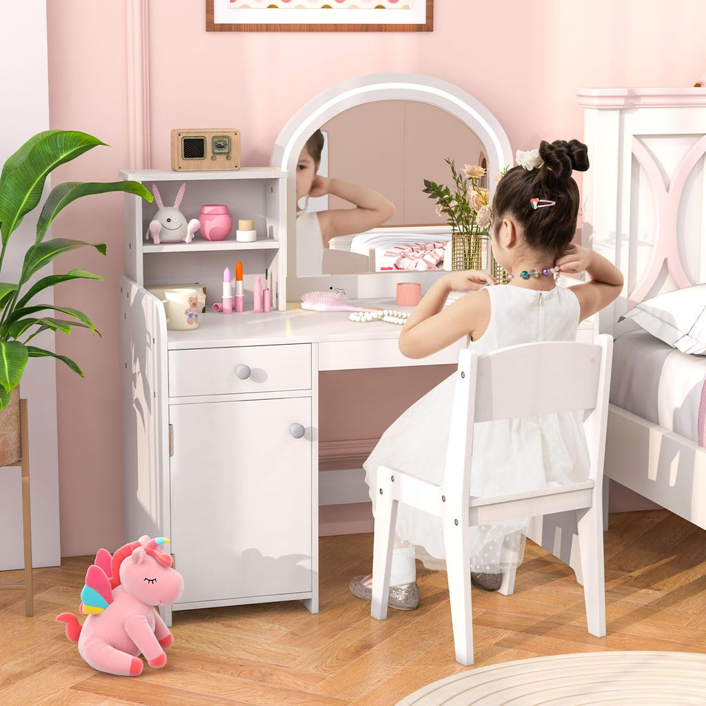 OLAKIDS Kids Vanity, Princess Makeup Desk and Chair Set with Lights Mirror, Pretend Play Vanity Set for Toddler Girls