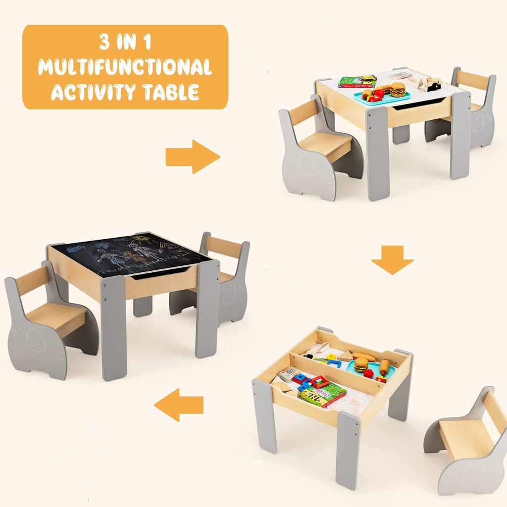 OLAKIDS 3 in 1 Kids Table and Chair Set, Wood Multi Activity Table with Removable Tabletop, Detachable Blackboard
