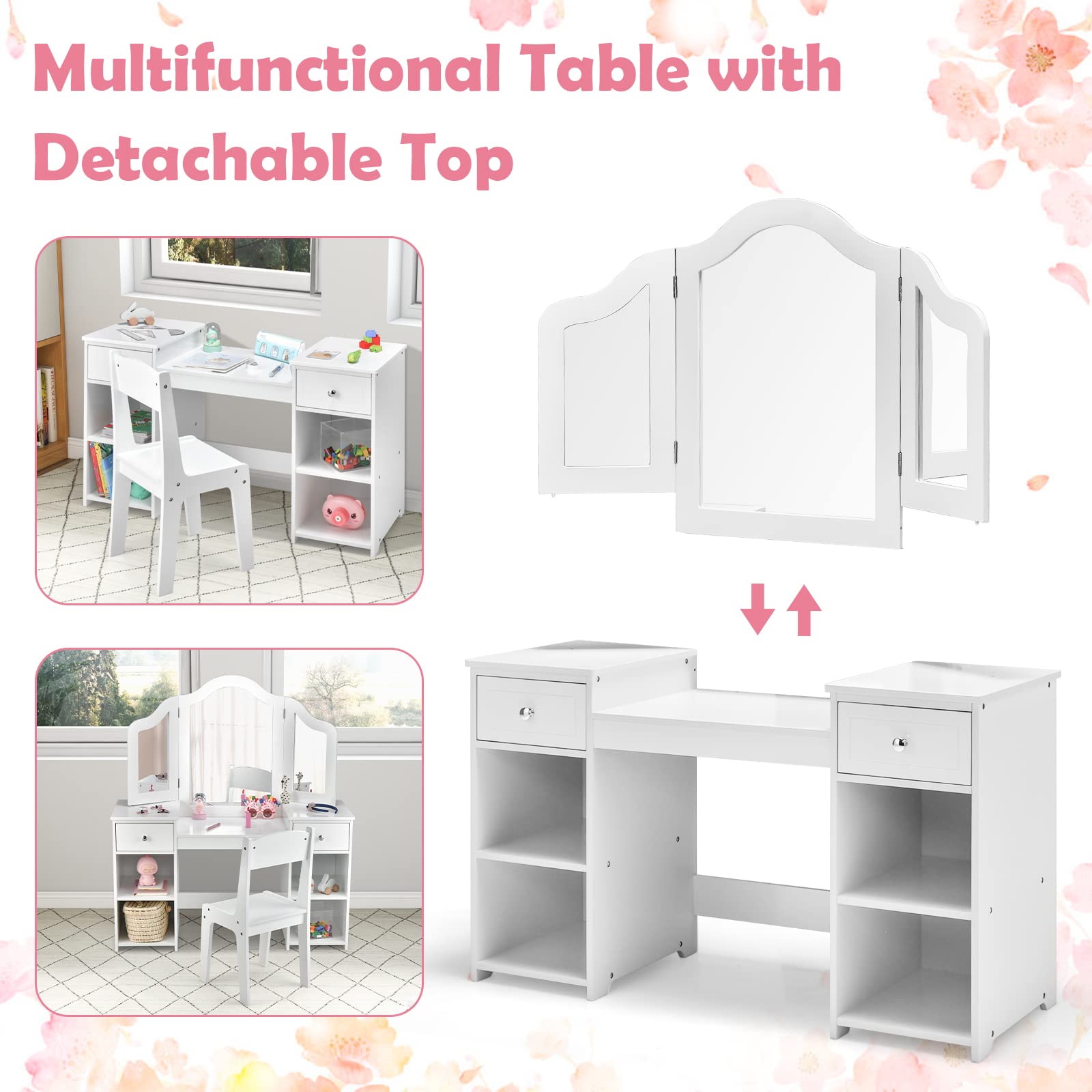OLAKIDS Kids Vanity, 2 in 1 Princess Makeup Desk and Chair Set