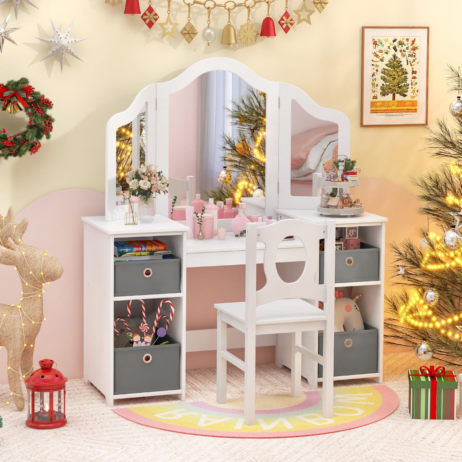 OLAKIDS Kids Vanity, 2 in 1 Princess Makeup Desk and Chair Set