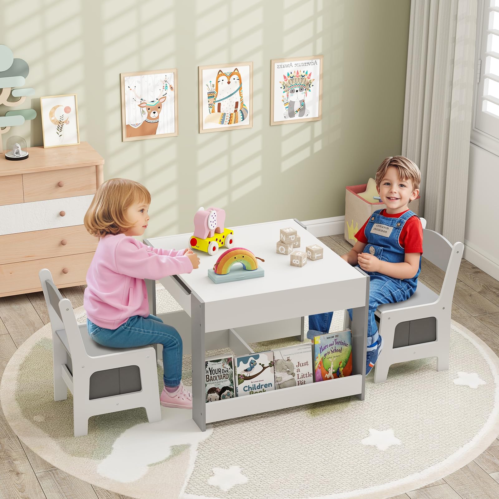 OLAKIDS Kids Table and Chair Set, 4 in 1 Building Block Wooden Activity Desk with Reversible Tabletop for Toddlers
