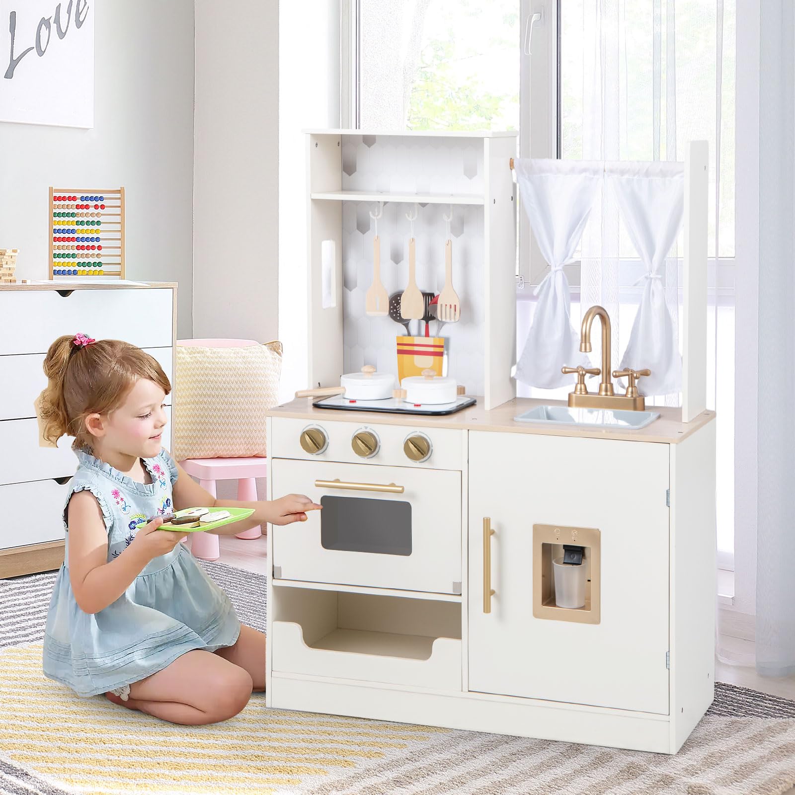 OLAKIDS Kids Kitchen Playset, Toddler Wooden Pretend Cooking Set Microwave, Simulation Play Kitchen Toy for Children