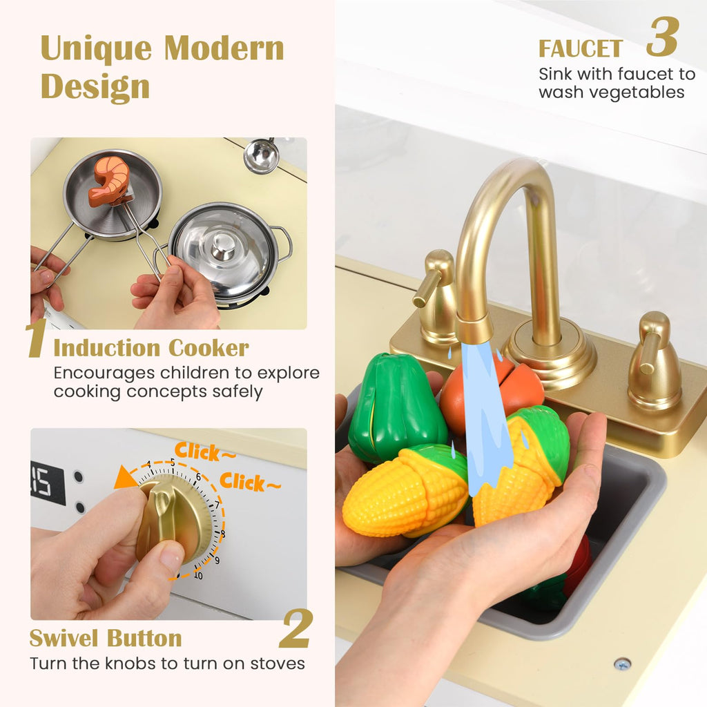 OLAKIDS Kids Kitchen Playset, Toddler Wooden Pretend Cooking Toy Set with Acrylic Drawing Board Ice Machine Dishwasher