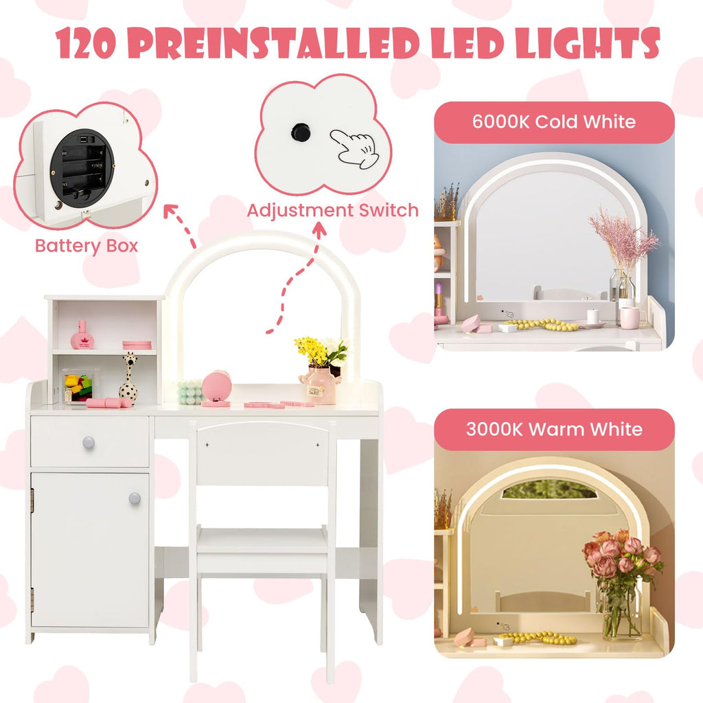 OLAKIDS Kids Vanity, Princess Makeup Desk and Chair Set with Lights Mirror, Pretend Play Vanity Set for Toddler Girls