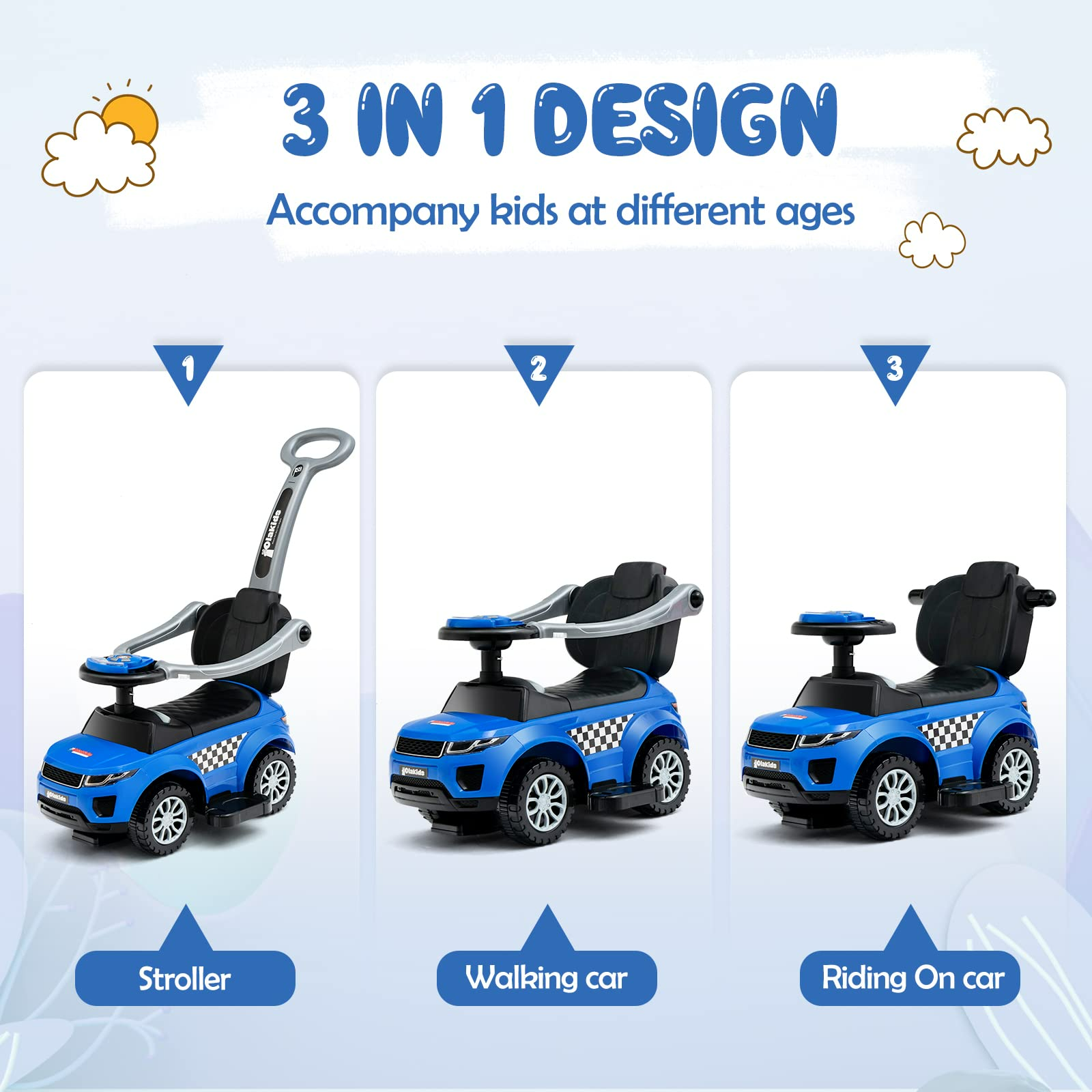 OLAKIDS 4 in 1 Ride on Push Car, Toddlers Stroller Sliding Walking Toy with Horn, Music, Lights, Removable Guardrails and Handle OLAKIDS