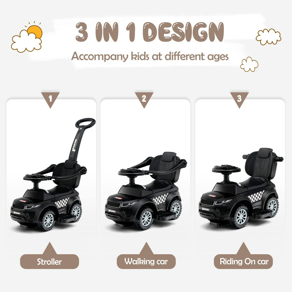 OLAKIDS 4 in 1 Ride on Push Car, Toddlers Stroller Sliding Walking Toy with Horn, Music, Lights, Removable Guardrails and Handle OLAKIDS
