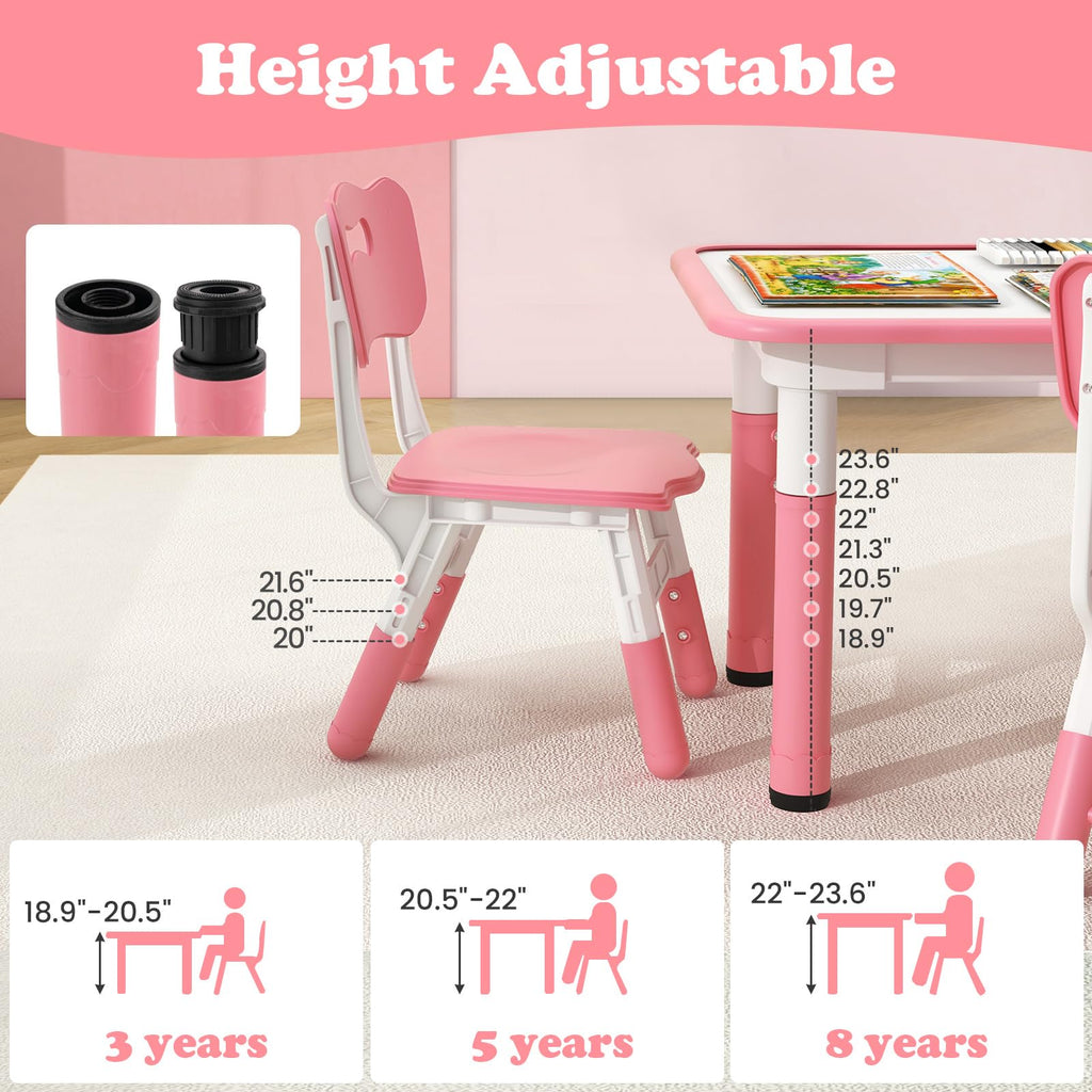OLAKIDS Kids Table and Chiar Set, Height Adjustable Toddler Desk and 4 Chairs