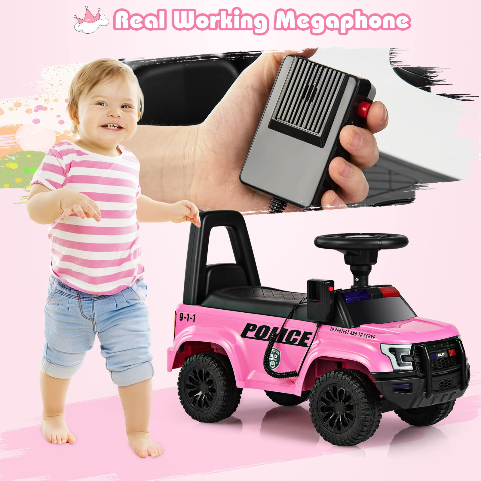 OLAKIDS Ride On Push Police Car, Toddler Foot-to-Floor Sliding Toy with Siren, Steering Wheel, Megaphone, Horn, Headlights, Under Seat Storage OLAKIDS