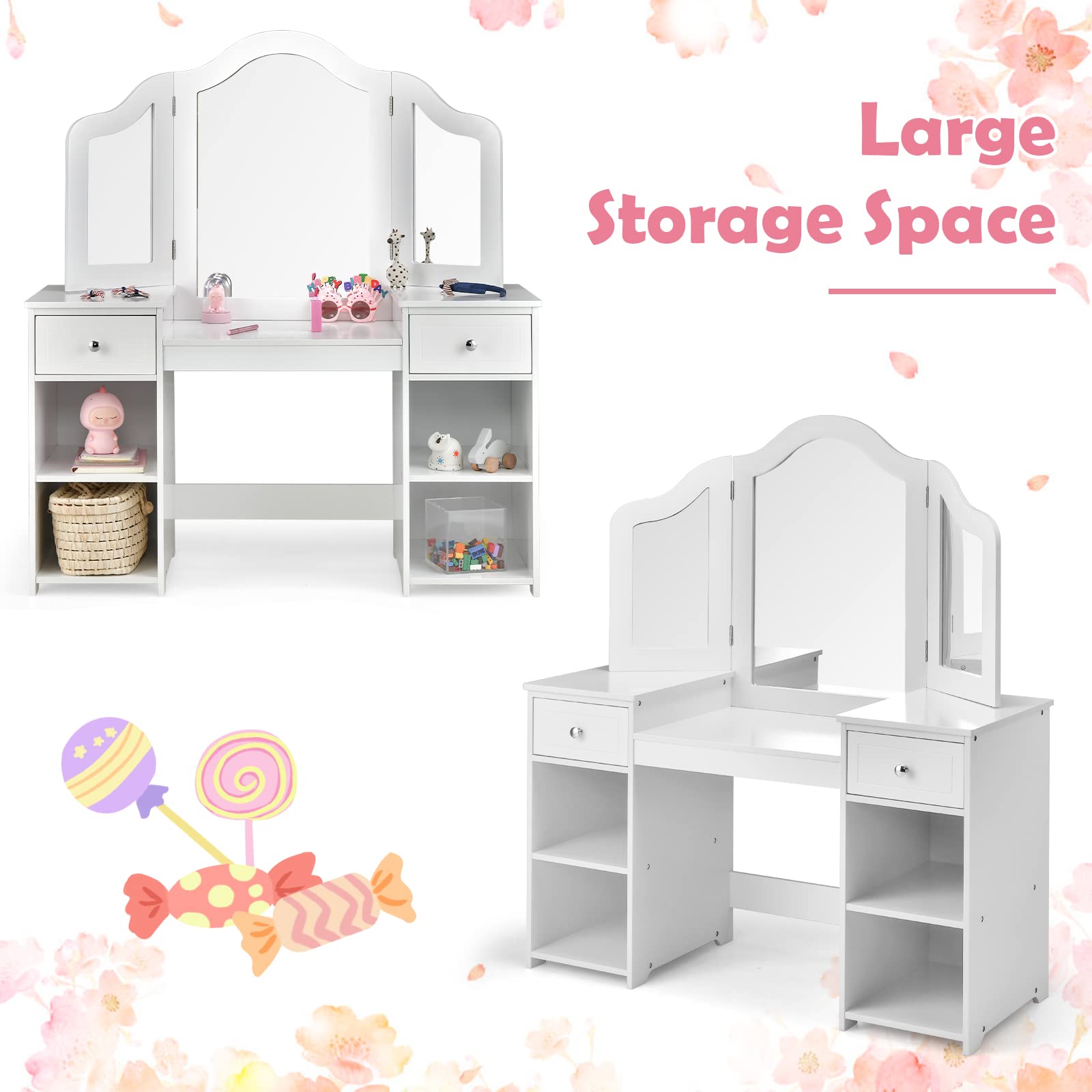 OLAKIDS Kids Vanity, 2 in 1 Princess Makeup Desk and Chair Set