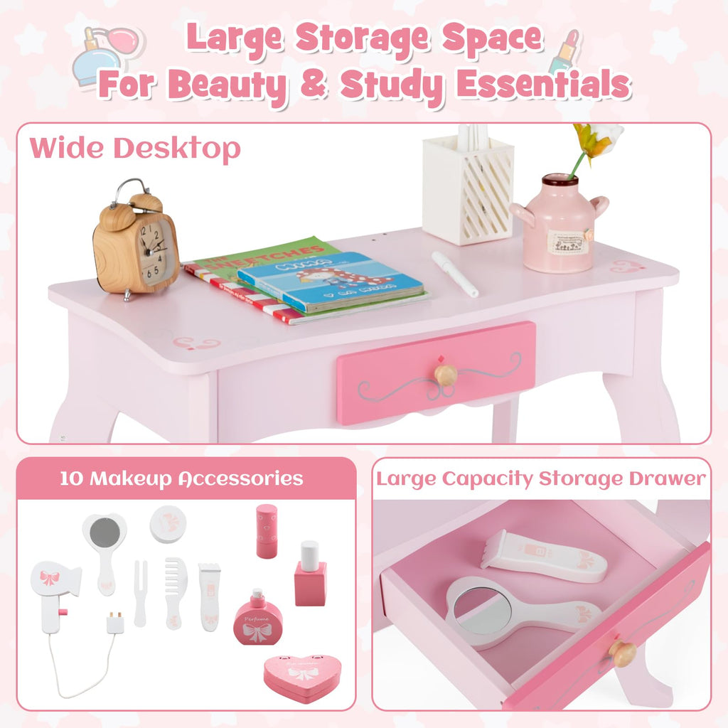 OLAKIDS Kids Vanity, 2 in 1 Princess Makeup Desk Set, Wooden Dressing Table, Pretend Play Vanity Set