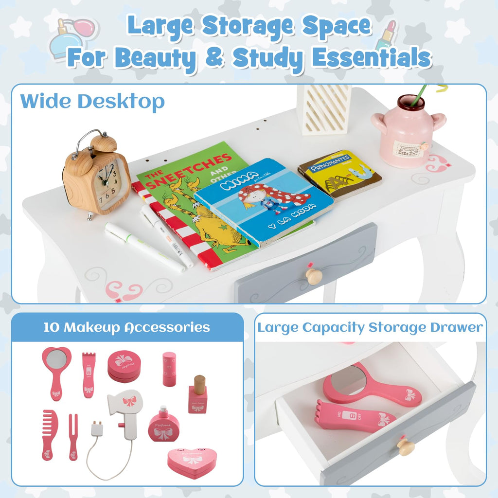 OLAKIDS Kids Vanity, 2 in 1 Princess Makeup Desk Set, Wooden Dressing Table, Pretend Play Vanity Set