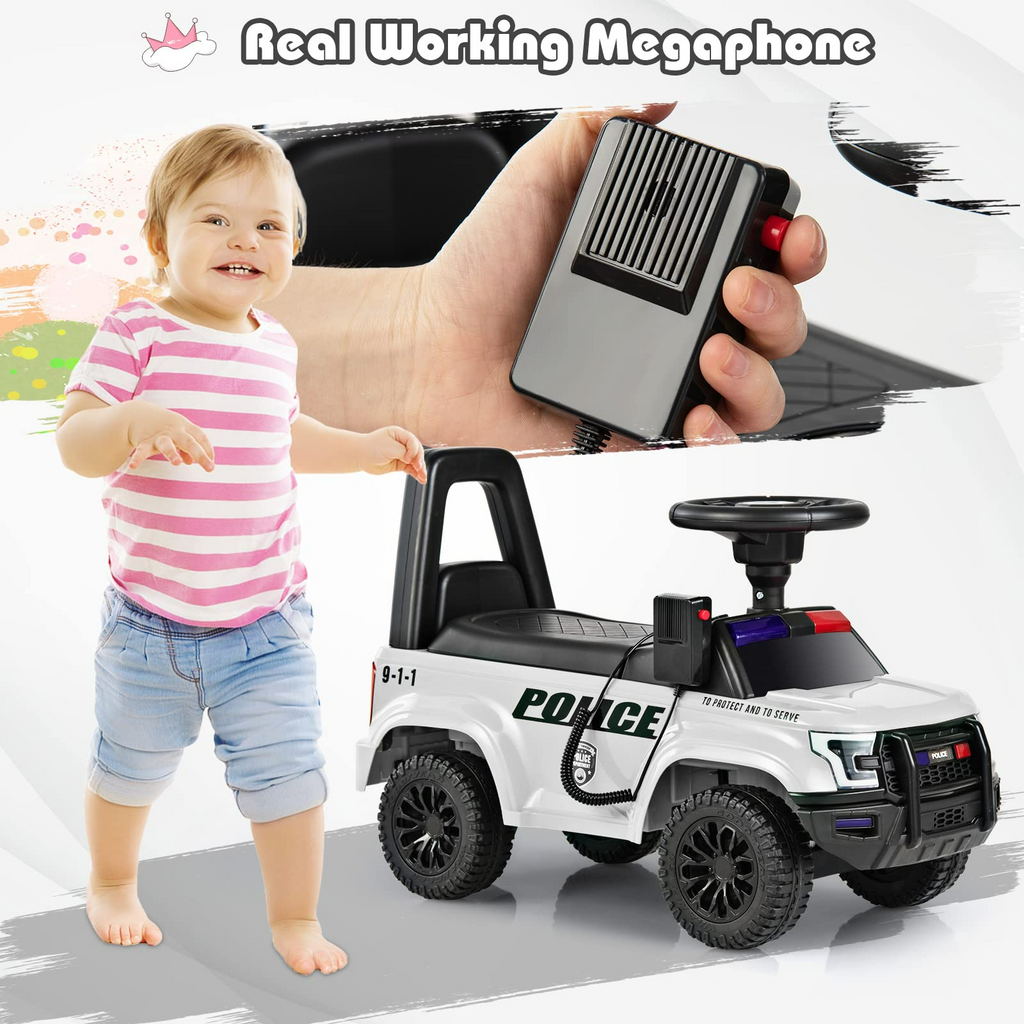 OLAKIDS Ride On Push Police Car, Toddler Foot-to-Floor Sliding Toy with Siren, Steering Wheel, Megaphone, Horn, Headlights, Under Seat Storage OLAKIDS