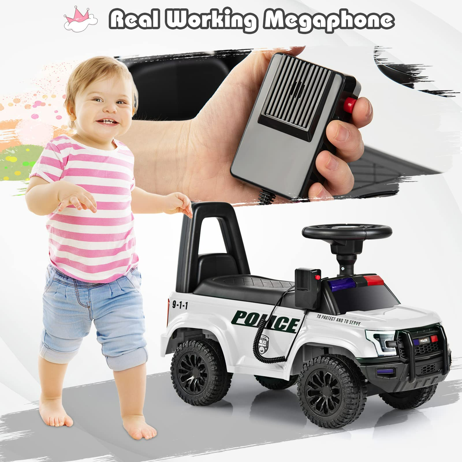 OLAKIDS Ride On Push Police Car, Toddler Foot-to-Floor Sliding Toy with Siren, Steering Wheel, Megaphone, Horn, Headlights, Under Seat Storage OLAKIDS