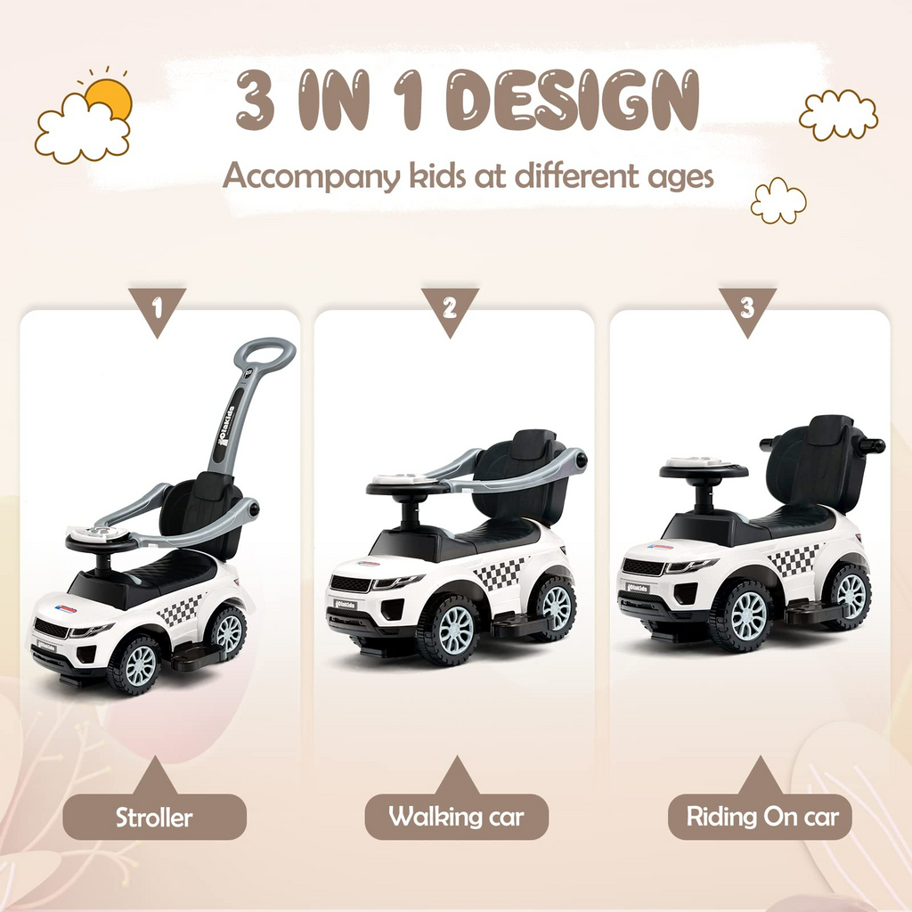 OLAKIDS 4 in 1 Ride on Push Car, Toddlers Stroller Sliding Walking Toy with Horn, Music, Lights, Removable Guardrails and Handle OLAKIDS