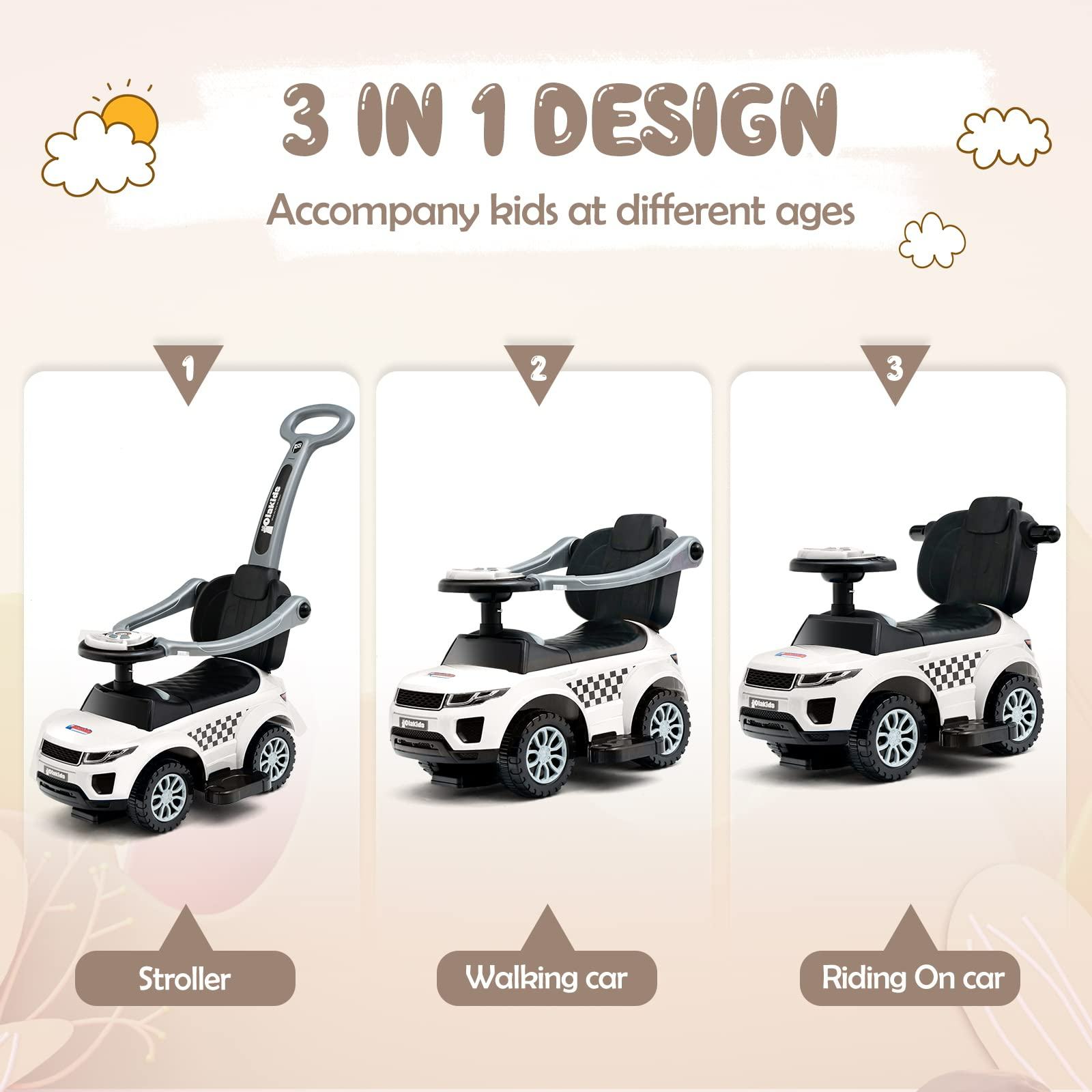 OLAKIDS 4 in 1 Ride on Push Car, Toddlers Stroller Sliding Walking Toy with Horn, Music, Lights, Removable Guardrails and Handle OLAKIDS