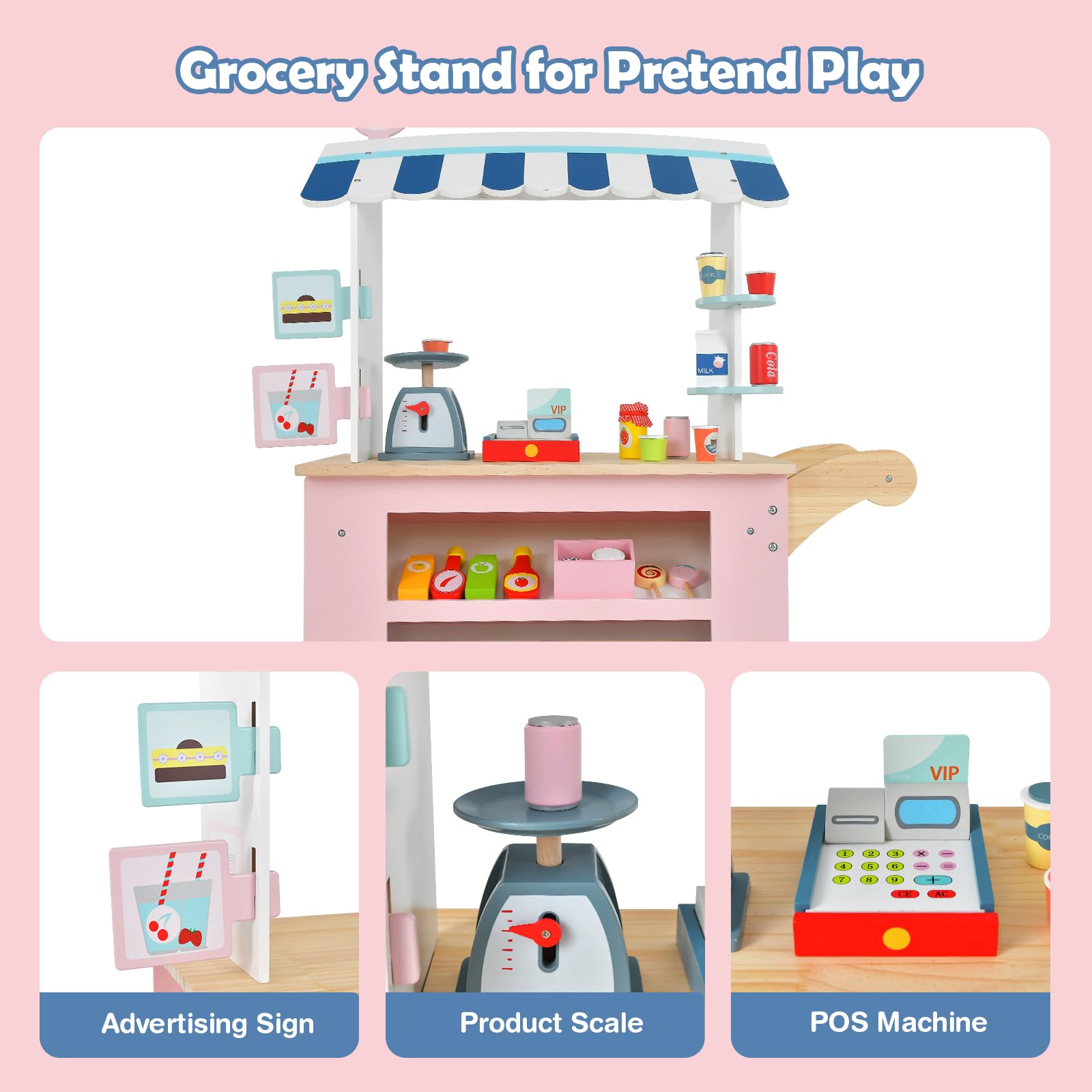 OLAKIDS Wooden Grocery Store Marketplace Toy, Supermarket Pretend Play, Fun Indoor Farmer's Market Stand Set