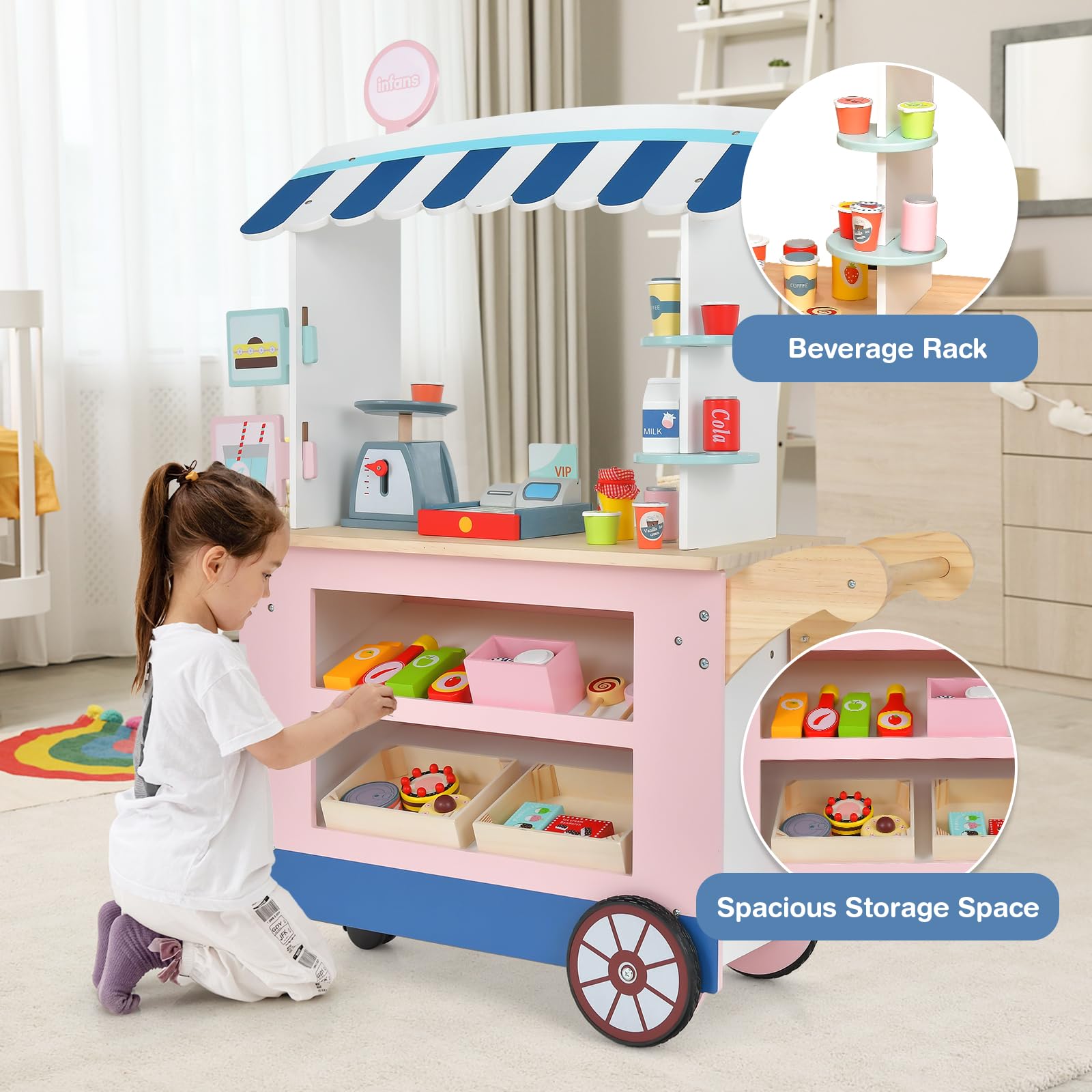 OLAKIDS Wooden Grocery Store Marketplace Toy, Supermarket Pretend Play, Fun Indoor Farmer's Market Stand Set