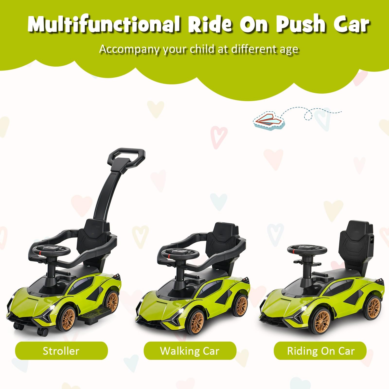 OLAKIDS 3 in 1 Ride on Push Car, Licensed Lamborghini Baby Stroller Sliding Walking Car