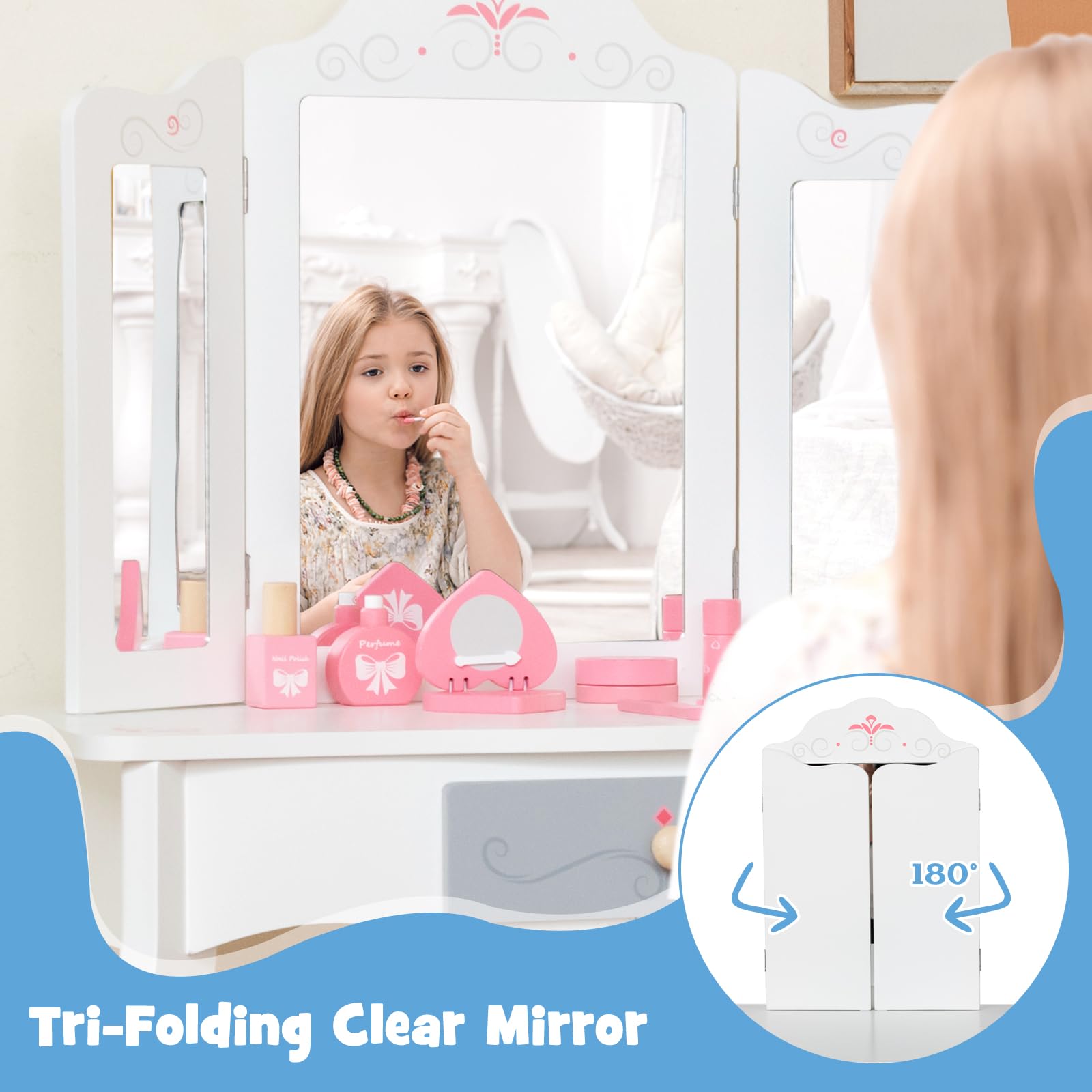 OLAKIDS Kids Vanity, 2 in 1 Princess Makeup Desk Set, Wooden Dressing Table, Pretend Play Vanity Set