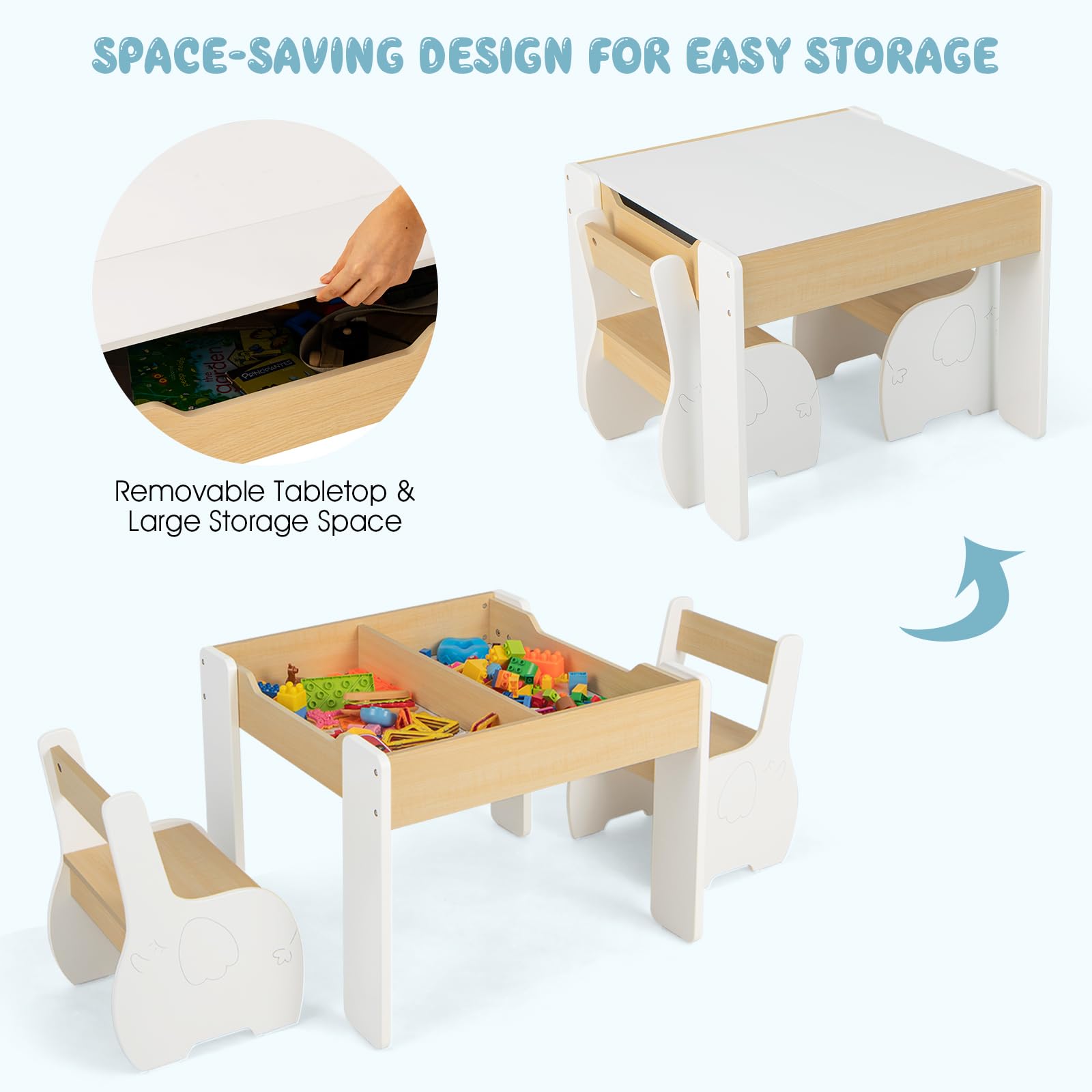 OLAKIDS 3 in 1 Kids Table and Chair Set, Wood Multi Activity Table with Removable Tabletop, Detachable Blackboard