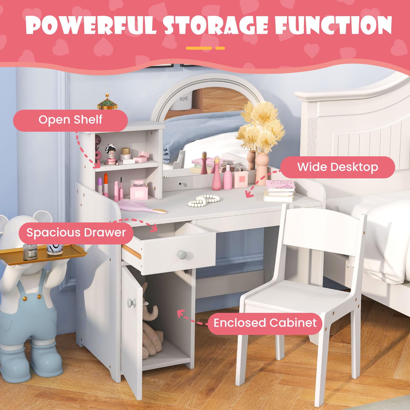 OLAKIDS Kids Vanity, Princess Makeup Desk and Chair Set with Lights Mirror, Pretend Play Vanity Set for Toddler Girls
