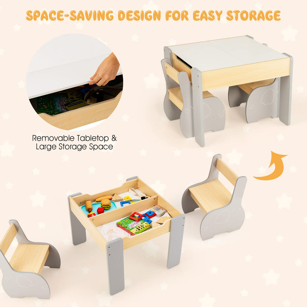 OLAKIDS 3 in 1 Kids Table and Chair Set, Wood Multi Activity Table with Removable Tabletop, Detachable Blackboard