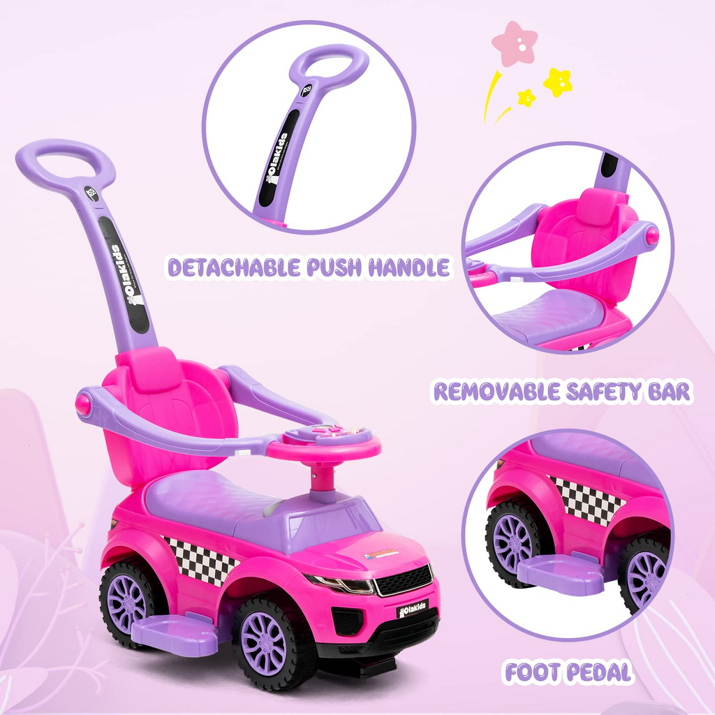 OLAKIDS 4 in 1 Ride on Push Car, Toddlers Stroller Sliding Walking Toy with Horn, Music, Lights, Removable Guardrails and Handle OLAKIDS