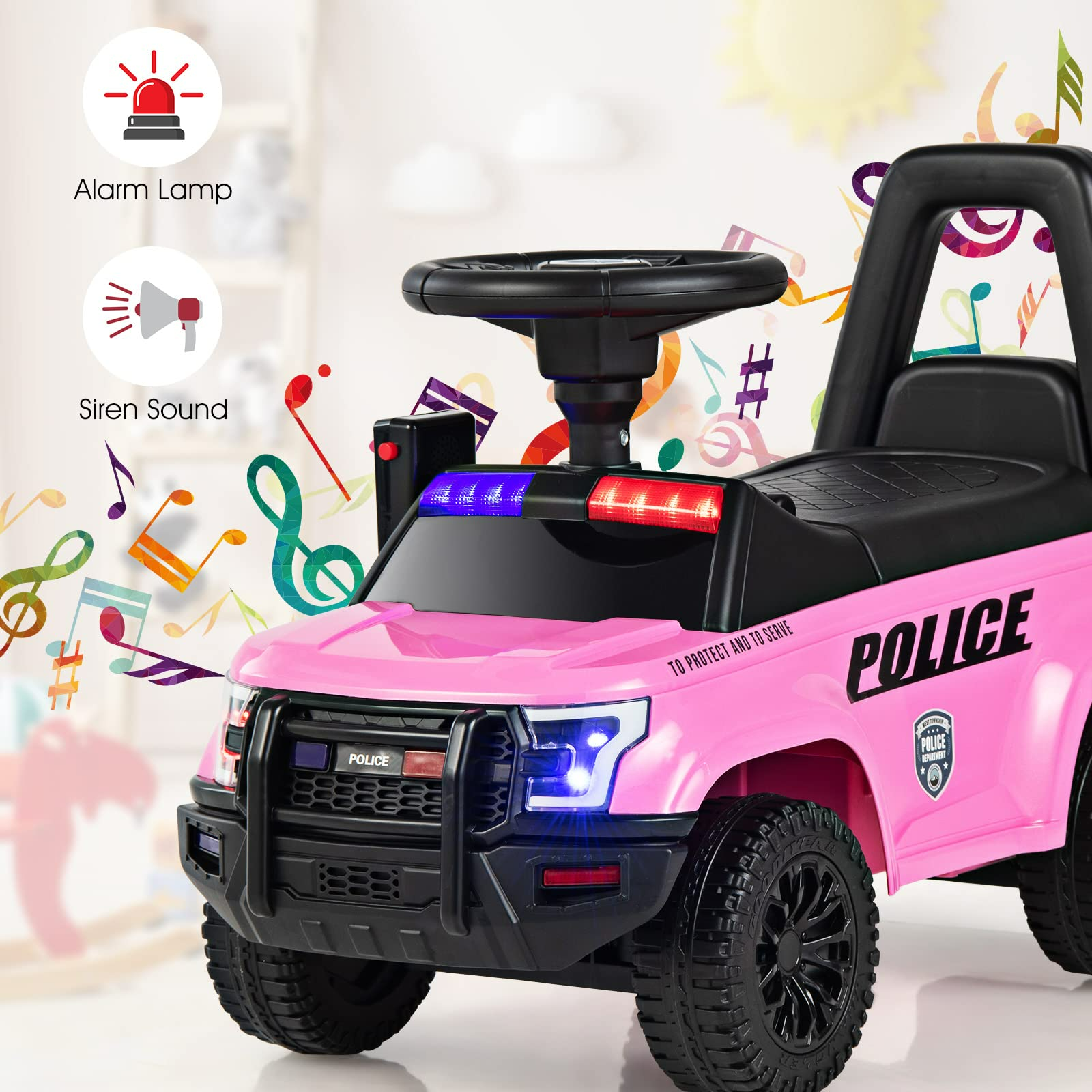 OLAKIDS Ride On Push Police Car, Toddler Foot-to-Floor Sliding Toy with Siren, Steering Wheel, Megaphone, Horn, Headlights, Under Seat Storage OLAKIDS
