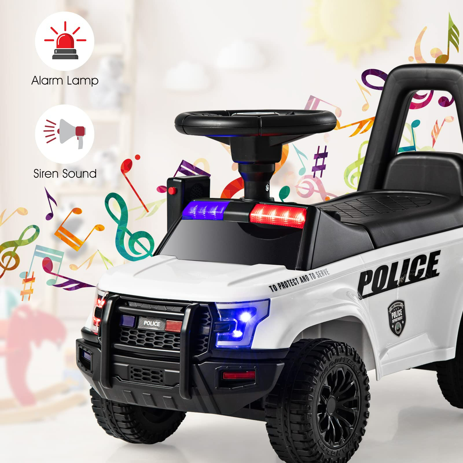 OLAKIDS Ride On Push Police Car, Toddler Foot-to-Floor Sliding Toy with Siren, Steering Wheel, Megaphone, Horn, Headlights, Under Seat Storage OLAKIDS