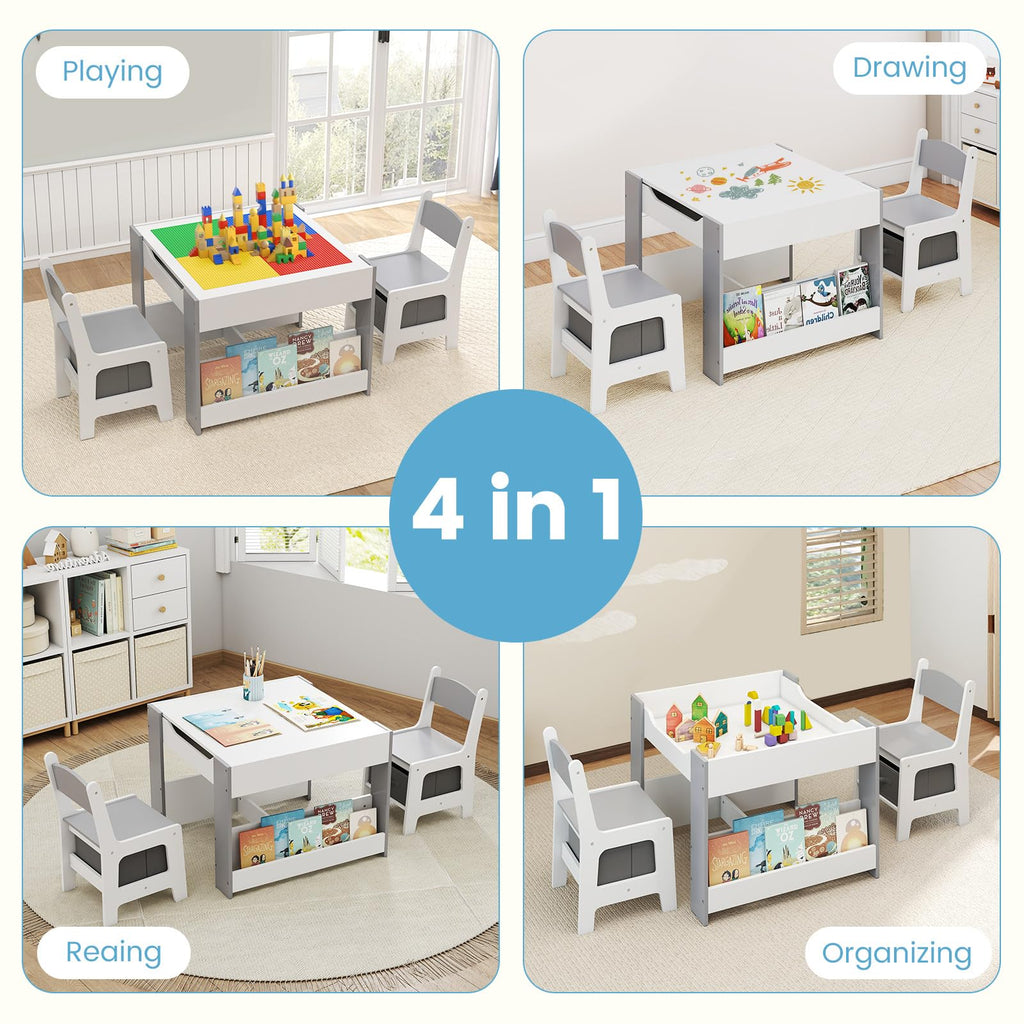 OLAKIDS Kids Table and Chair Set, 4 in 1 Building Block Wooden Activity Desk with Reversible Tabletop for Toddlers