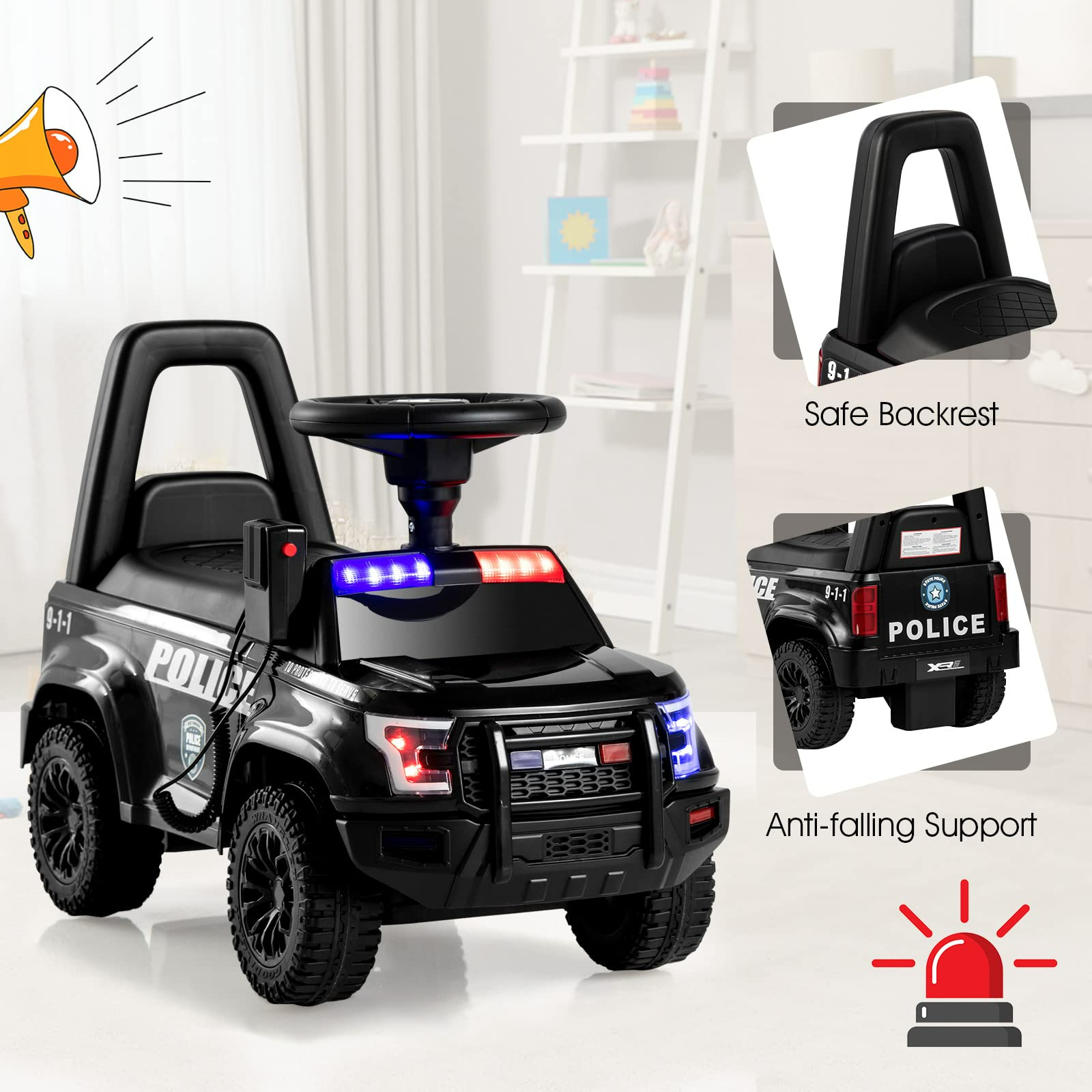 OLAKIDS Ride On Push Police Car, Toddler Foot-to-Floor Sliding Toy with Siren, Steering Wheel, Megaphone, Horn, Headlights, Under Seat Storage OLAKIDS