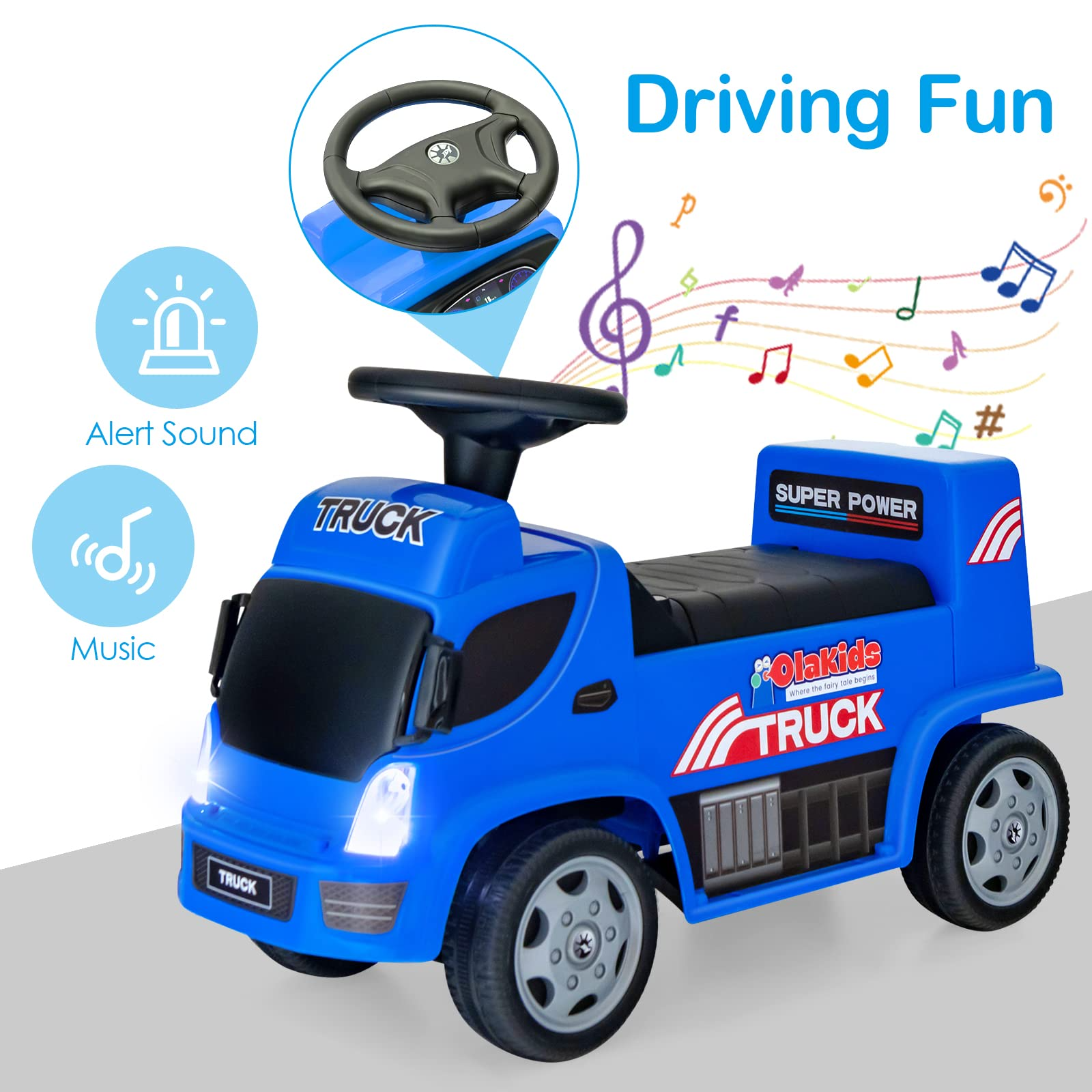 OLAKIDS Kids Ride On Push Car, 2 in 1 Foot-to-Floor Sliding Truck with Detachable Trailer, Steering Wheel, Headlights, Music, Alarm Sound, Toy Walker Gift for Toddlers Age 1.5-3 Boys Girls OLAKIDS