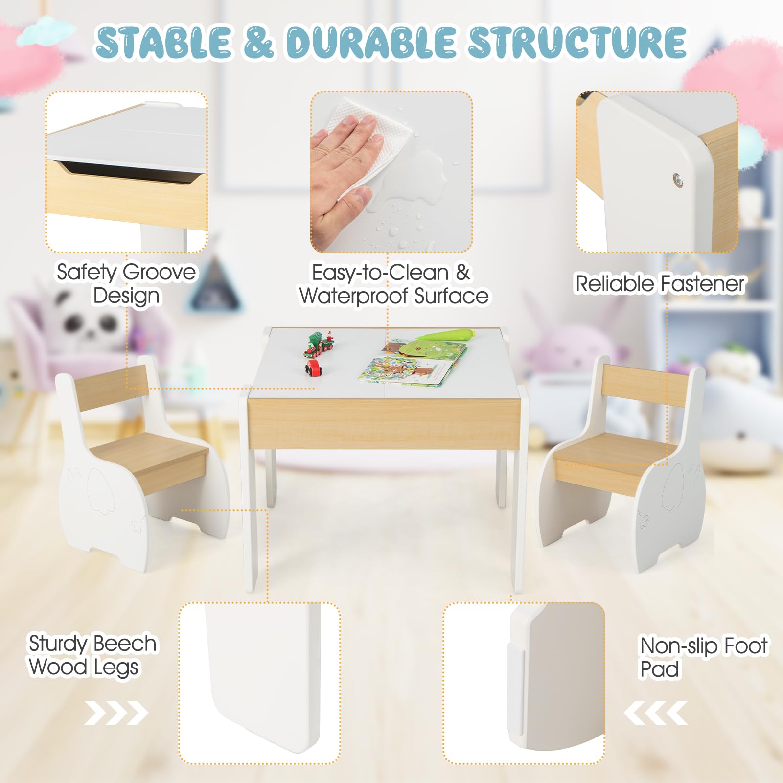OLAKIDS 3 in 1 Kids Table and Chair Set, Wood Multi Activity Table with Removable Tabletop, Detachable Blackboard