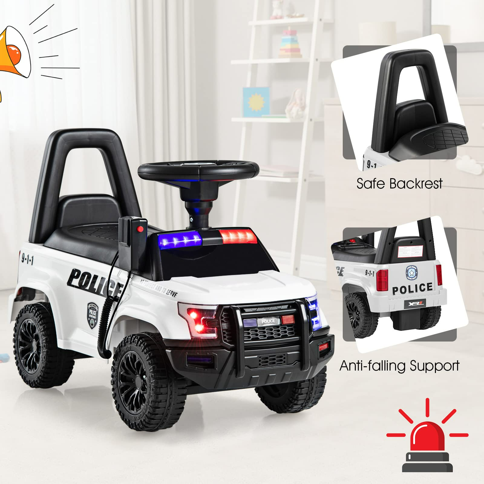 OLAKIDS Ride On Push Police Car, Toddler Foot-to-Floor Sliding Toy with Siren, Steering Wheel, Megaphone, Horn, Headlights, Under Seat Storage OLAKIDS