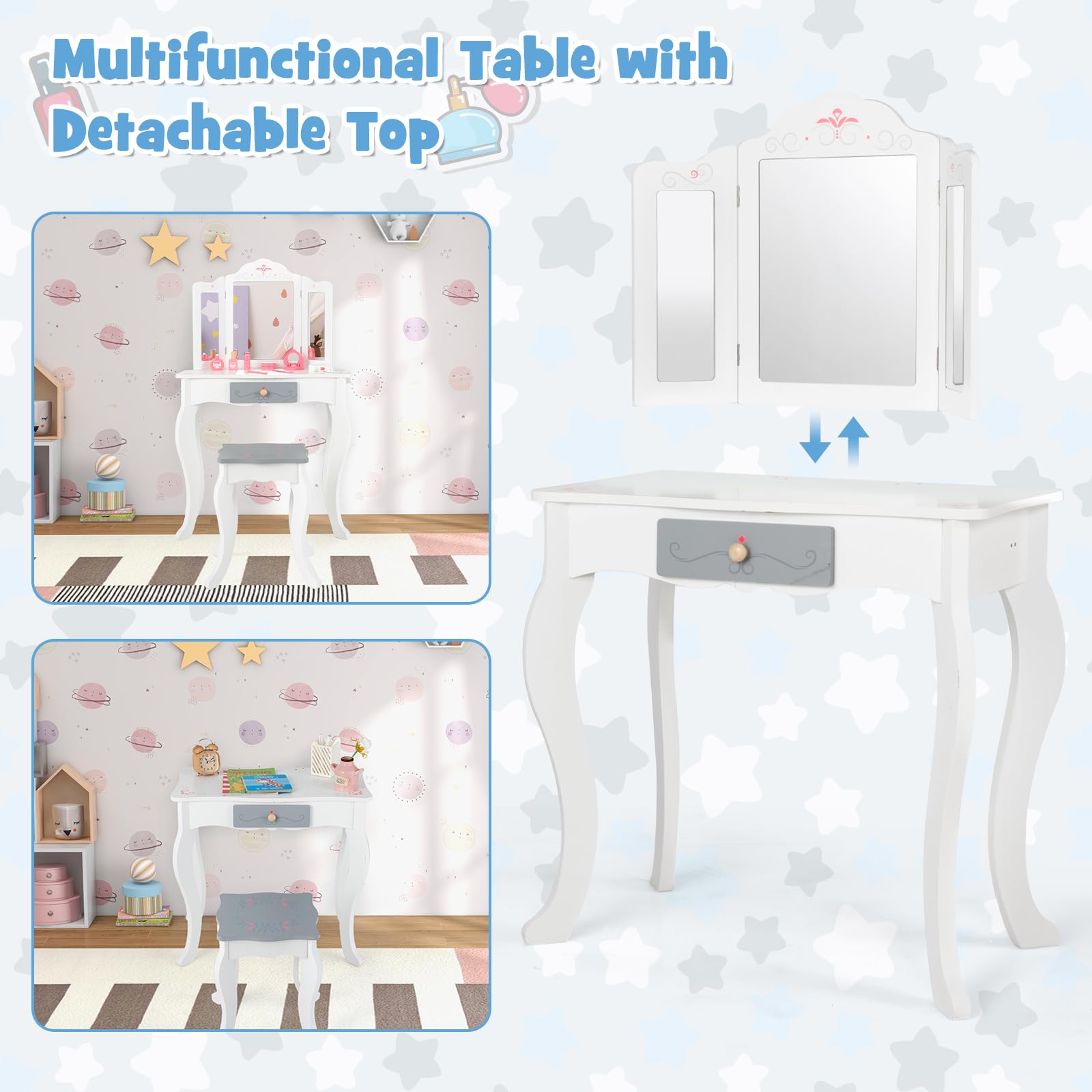 OLAKIDS Kids Vanity, 2 in 1 Princess Makeup Desk Set, Wooden Dressing Table, Pretend Play Vanity Set