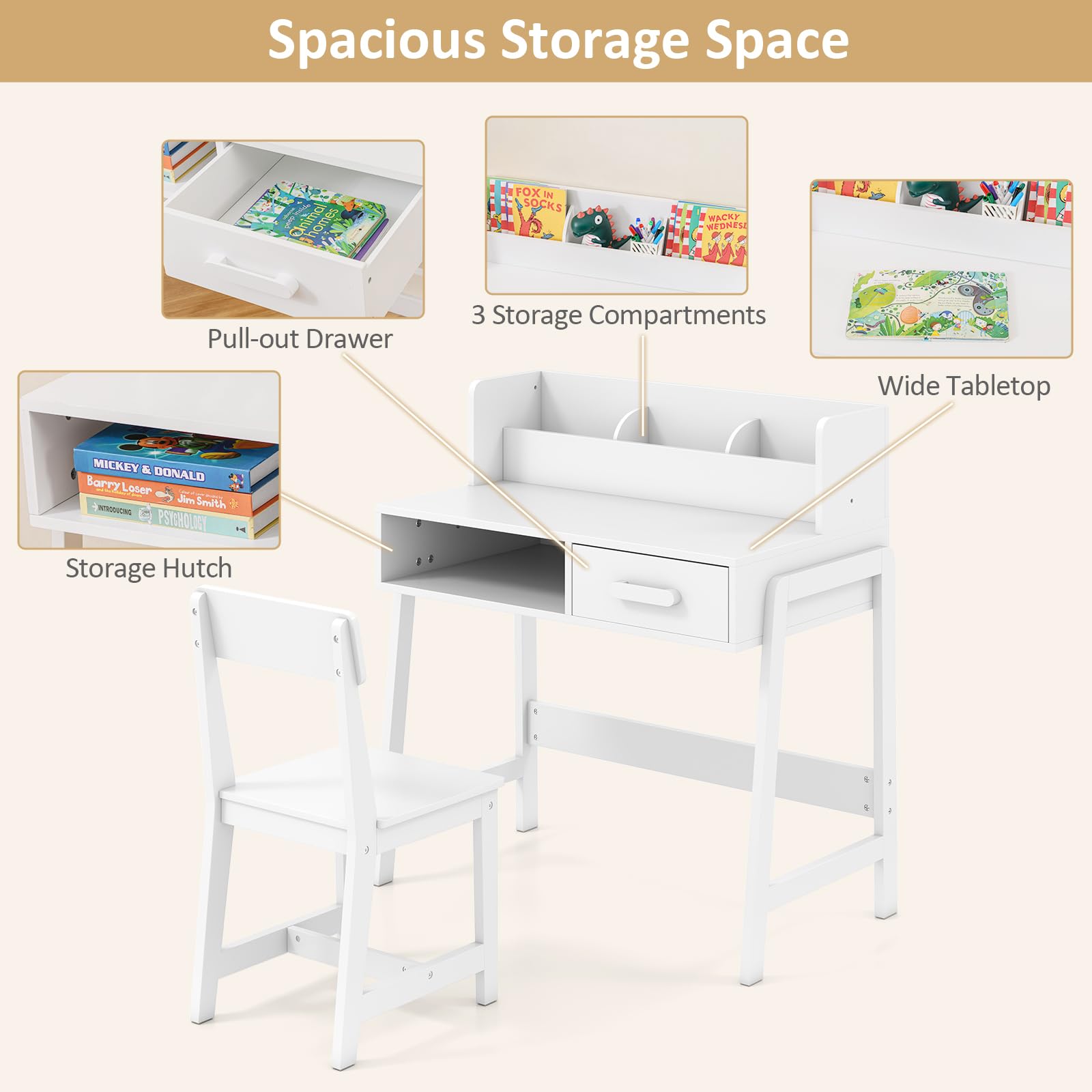 OLAKIDS Table and Chair Set, Toddler Wooden Student Study Desk with Chair Storage Hutch Compartments Drawers