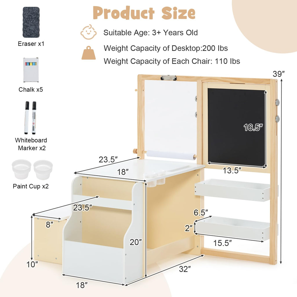 OLAKIDS 3 in 1 Kids Art Table and Chair Set, Toddler Wood Activity Desk with Double-Sided Easel, Children Furniture
