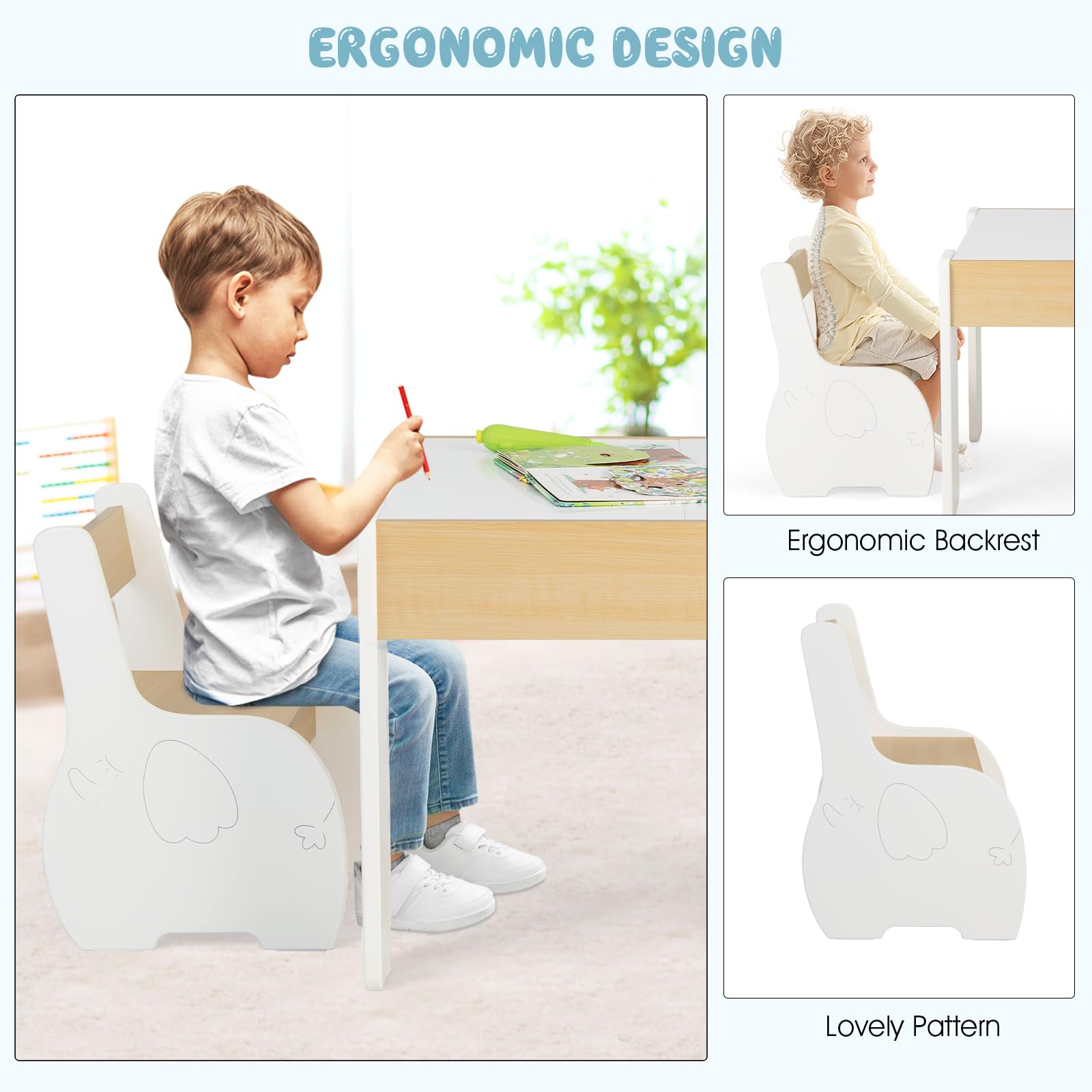 OLAKIDS 3 in 1 Kids Table and Chair Set, Wood Multi Activity Table with Removable Tabletop, Detachable Blackboard