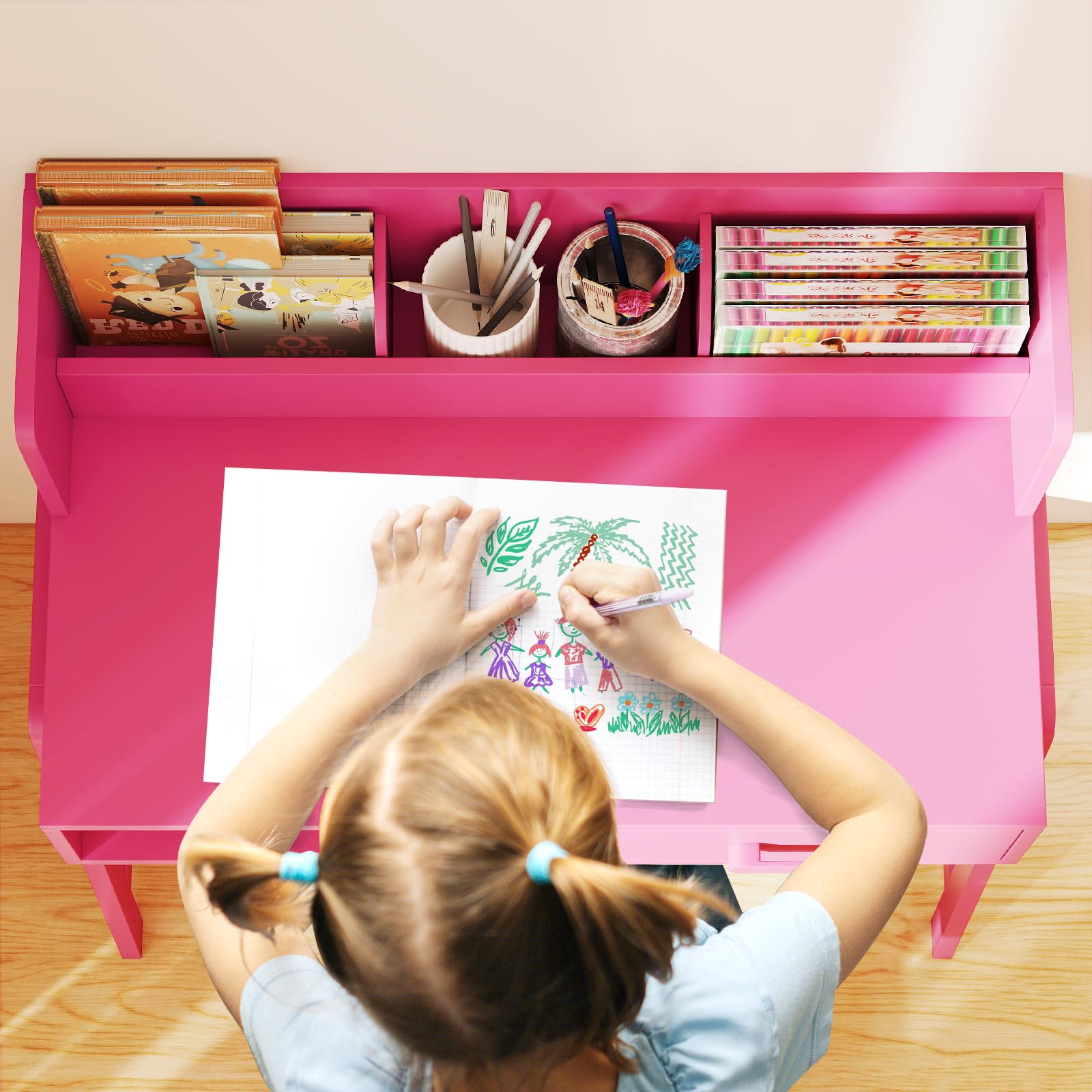 OLAKIDS Table and Chair Set, Toddler Wooden Student Study Desk with Chair Storage Hutch Compartments Drawers