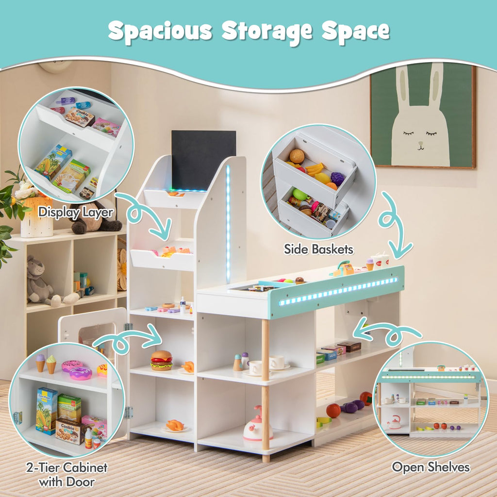 OLAKIDS Kids Grocery Store Playset, Wooden Pretend Play Supermarket with LED Lights, Market Stand Toy
