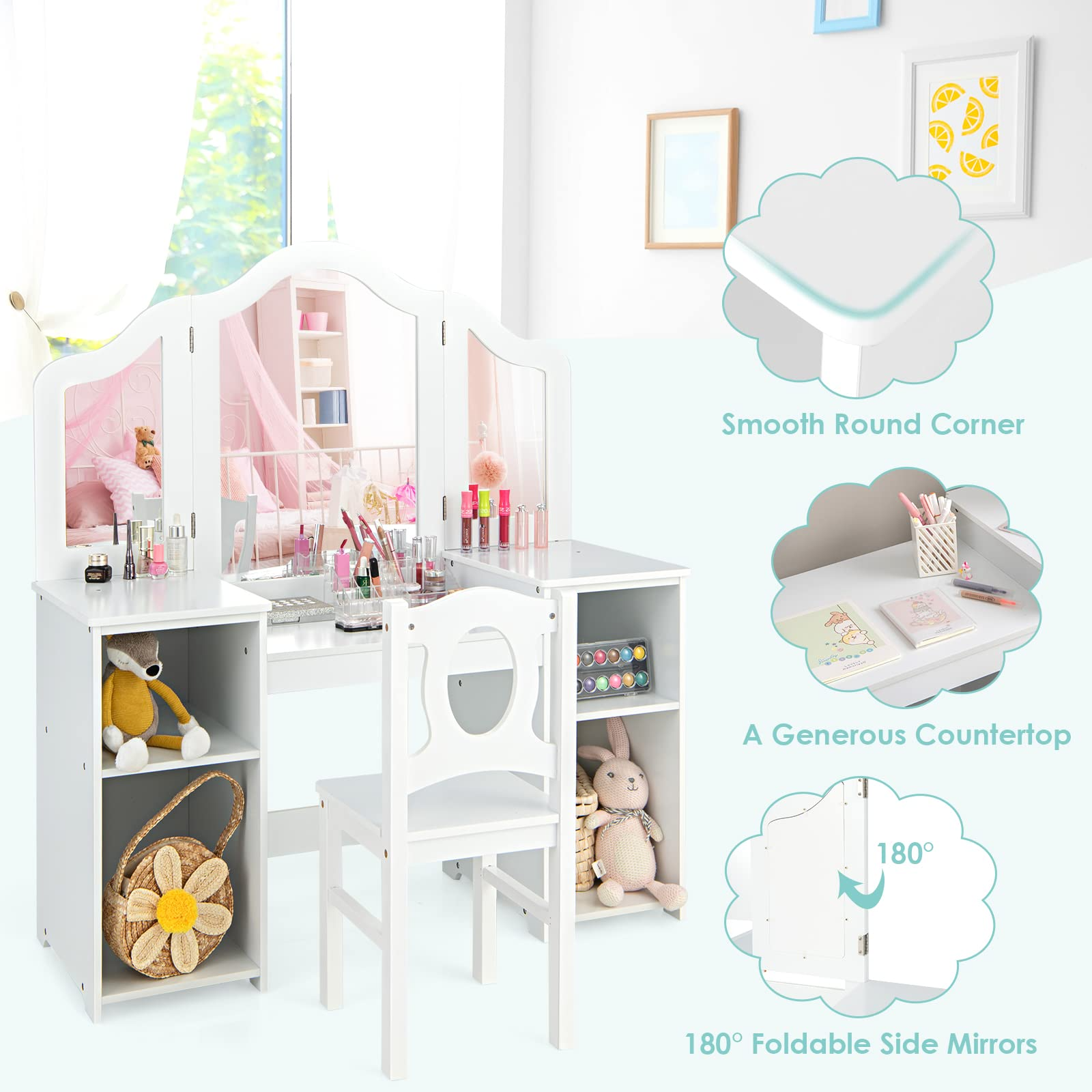 2 in 1 Princess Makeup Desk & Chair Set with Tri-Folding Detachable Mirror OLAKIDS