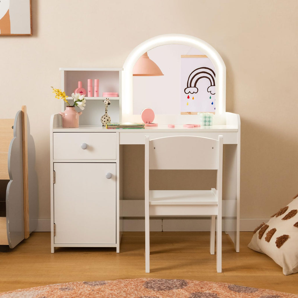OLAKIDS Kids Vanity, Princess Makeup Desk and Chair Set with Lights Mirror, Pretend Play Vanity Set for Toddler Girls