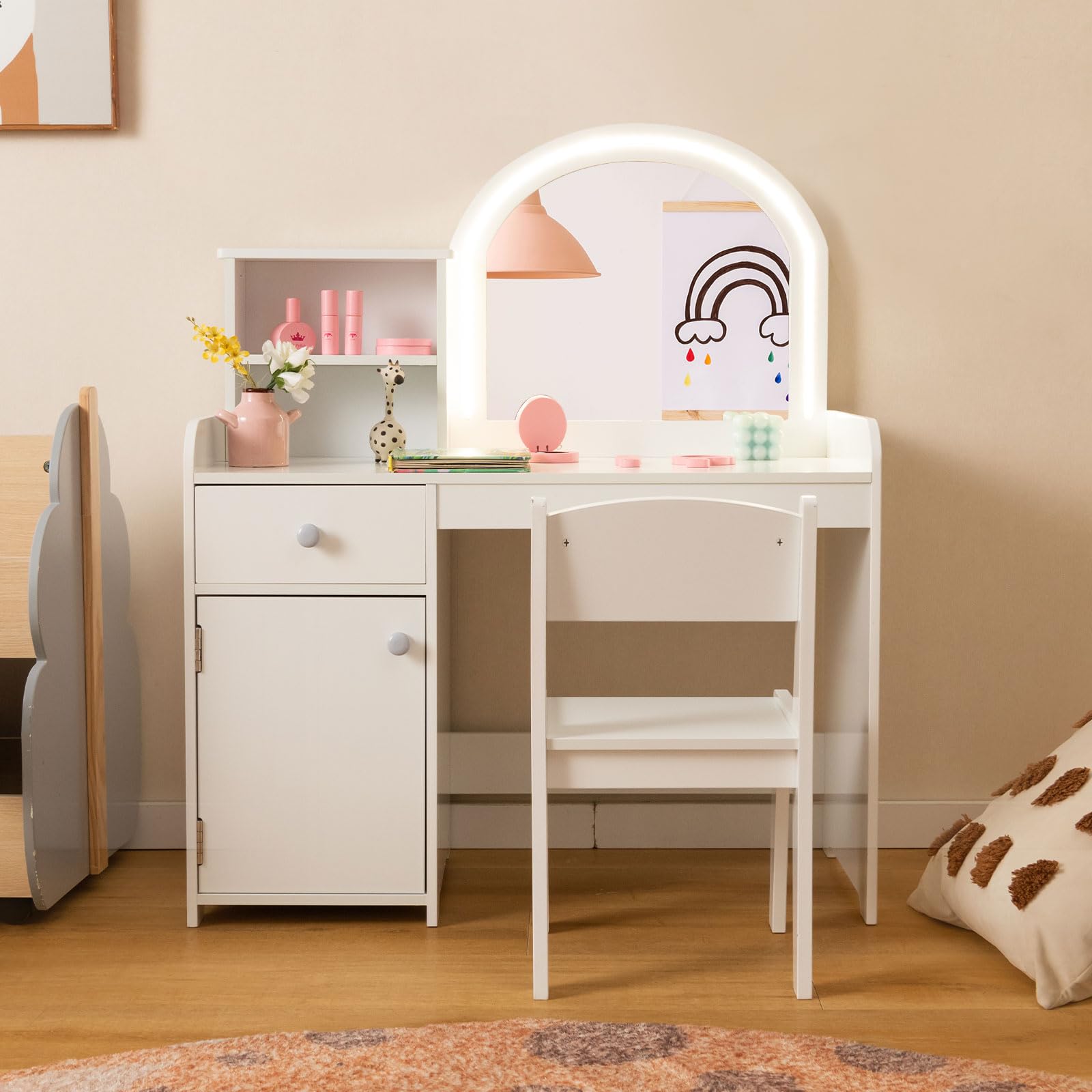 OLAKIDS Kids Vanity, Princess Makeup Desk and Chair Set with Lights Mirror, Pretend Play Vanity Set for Toddler Girls