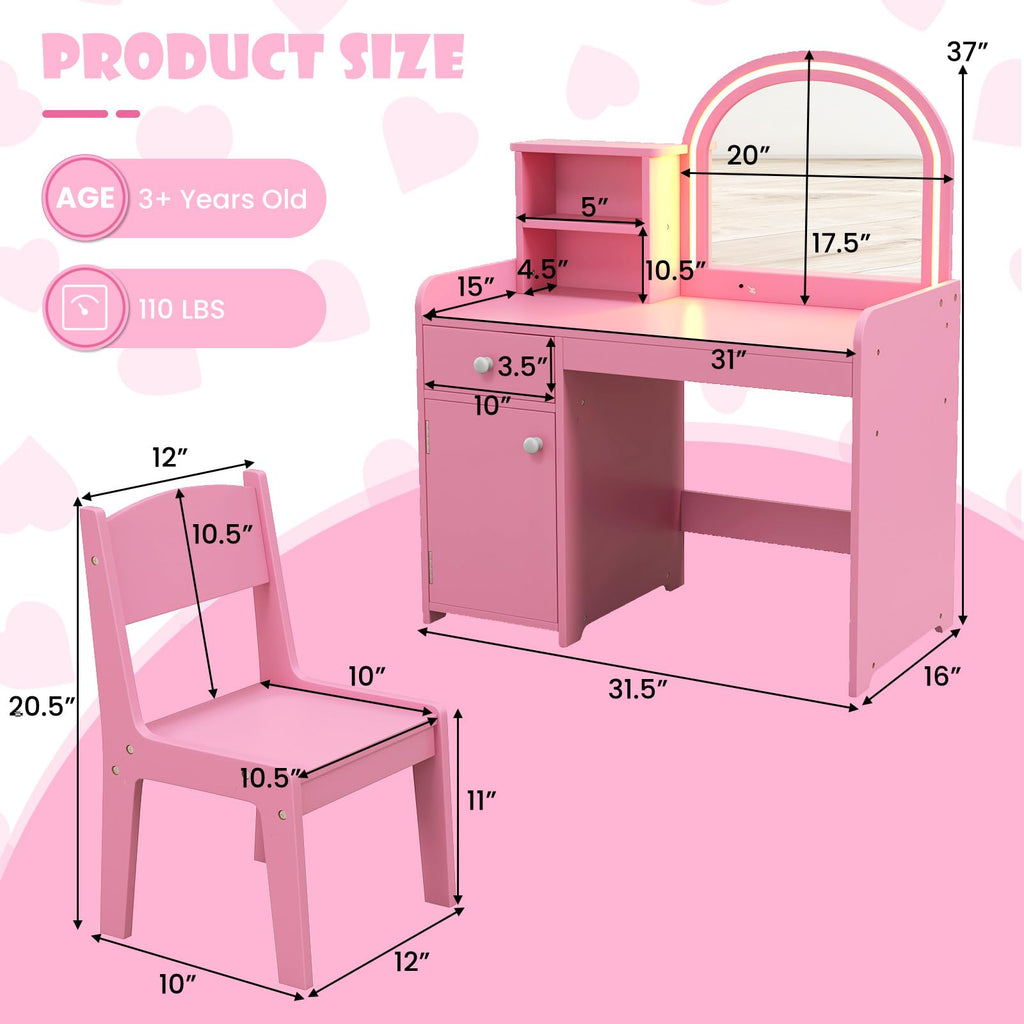 OLAKIDS Kids Vanity, Princess Makeup Desk and Chair Set with Lights Mirror, Pretend Play Vanity Set for Toddler Girls
