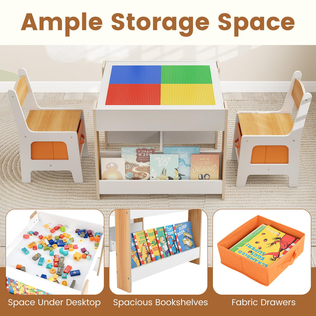OLAKIDS Kids Table and Chair Set, 4 in 1 Building Block Wooden Activity Desk with Reversible Tabletop for Toddlers