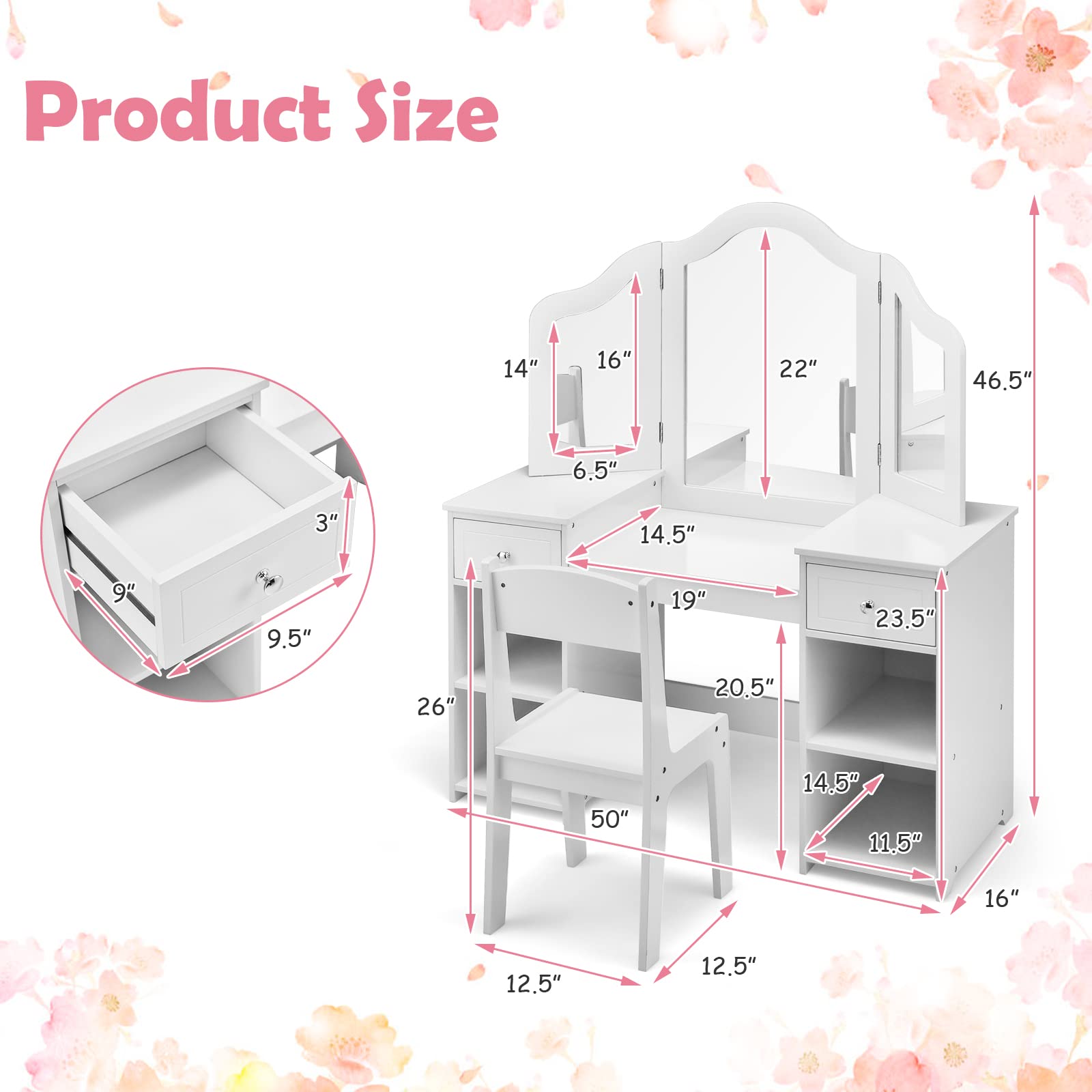 OLAKIDS Kids Vanity, 2 in 1 Princess Makeup Desk and Chair Set